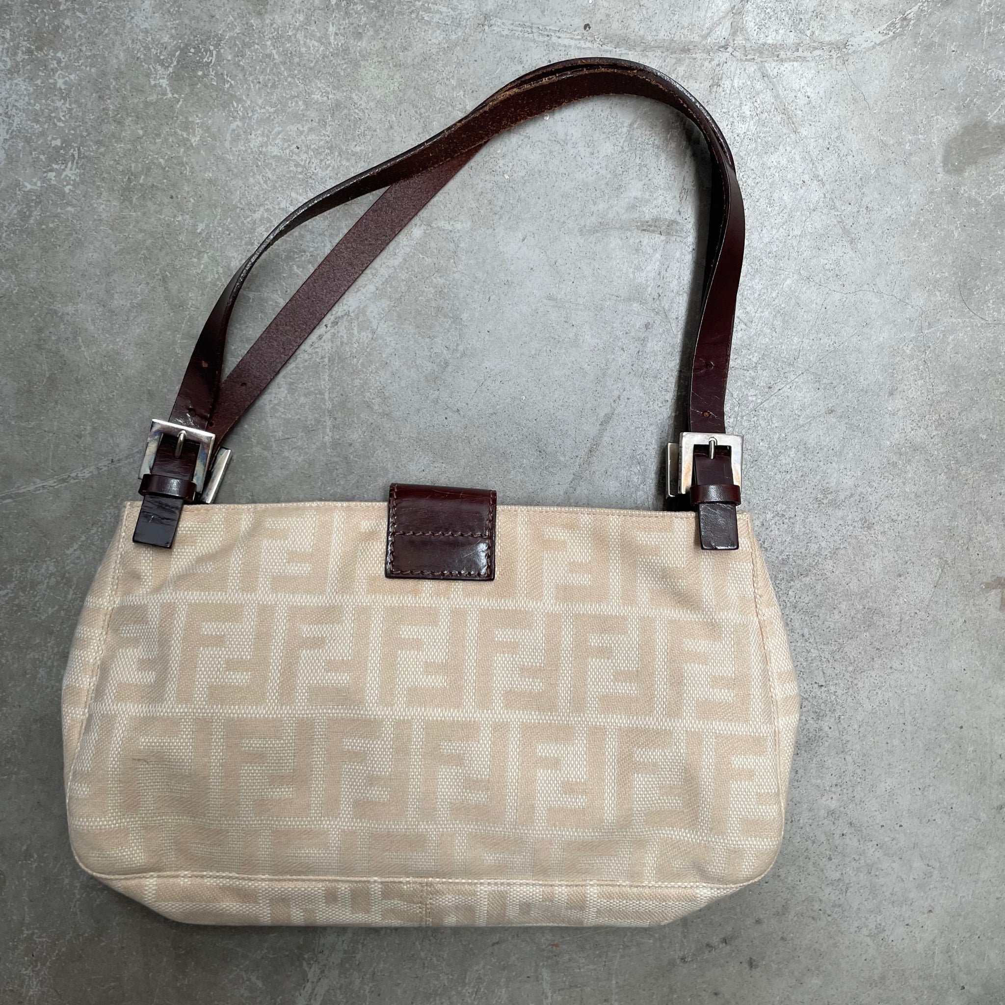 Fendi Zucca Double Strap Baguette Canvas Bag Beige