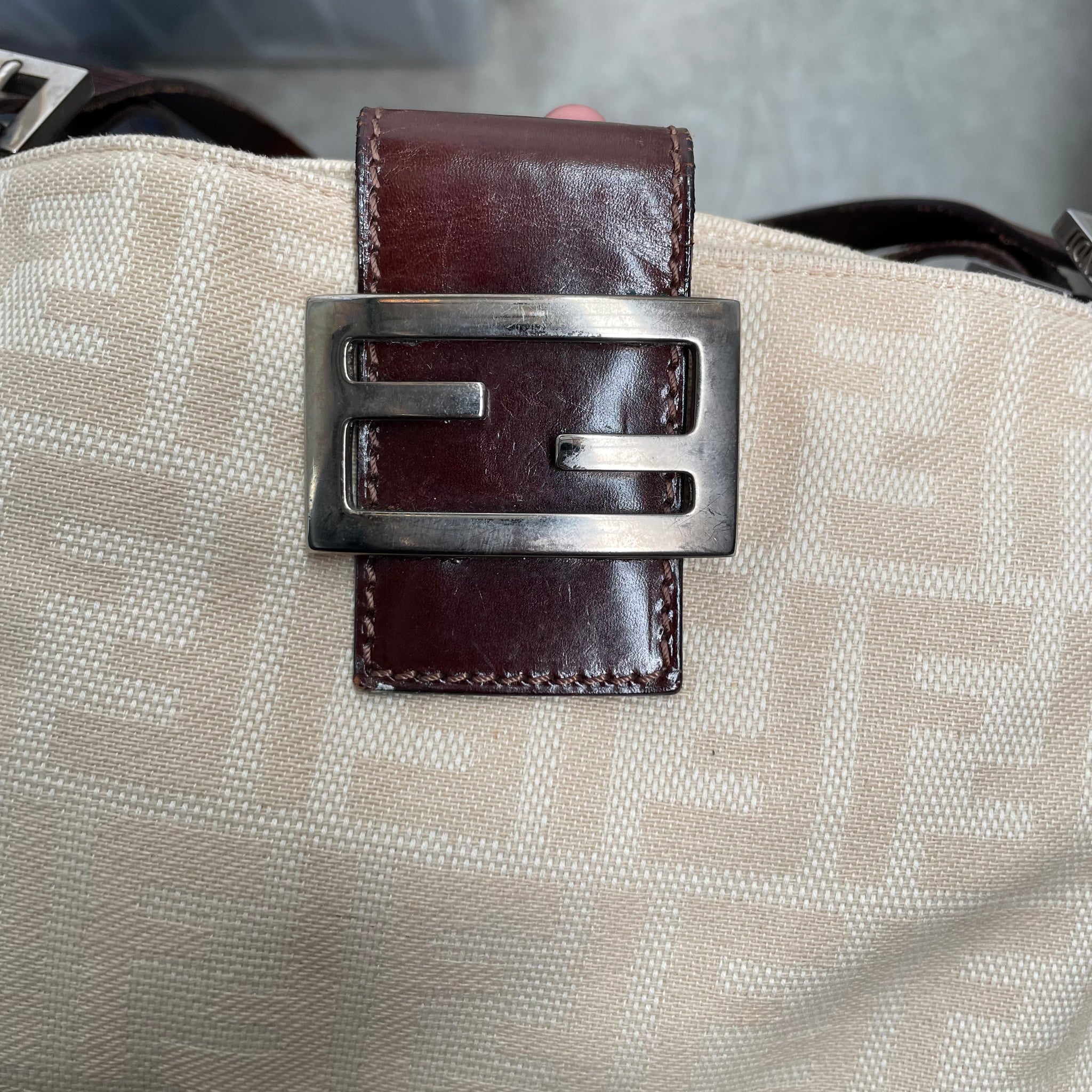 Fendi Zucca Double Strap Baguette Canvas Bag Beige
