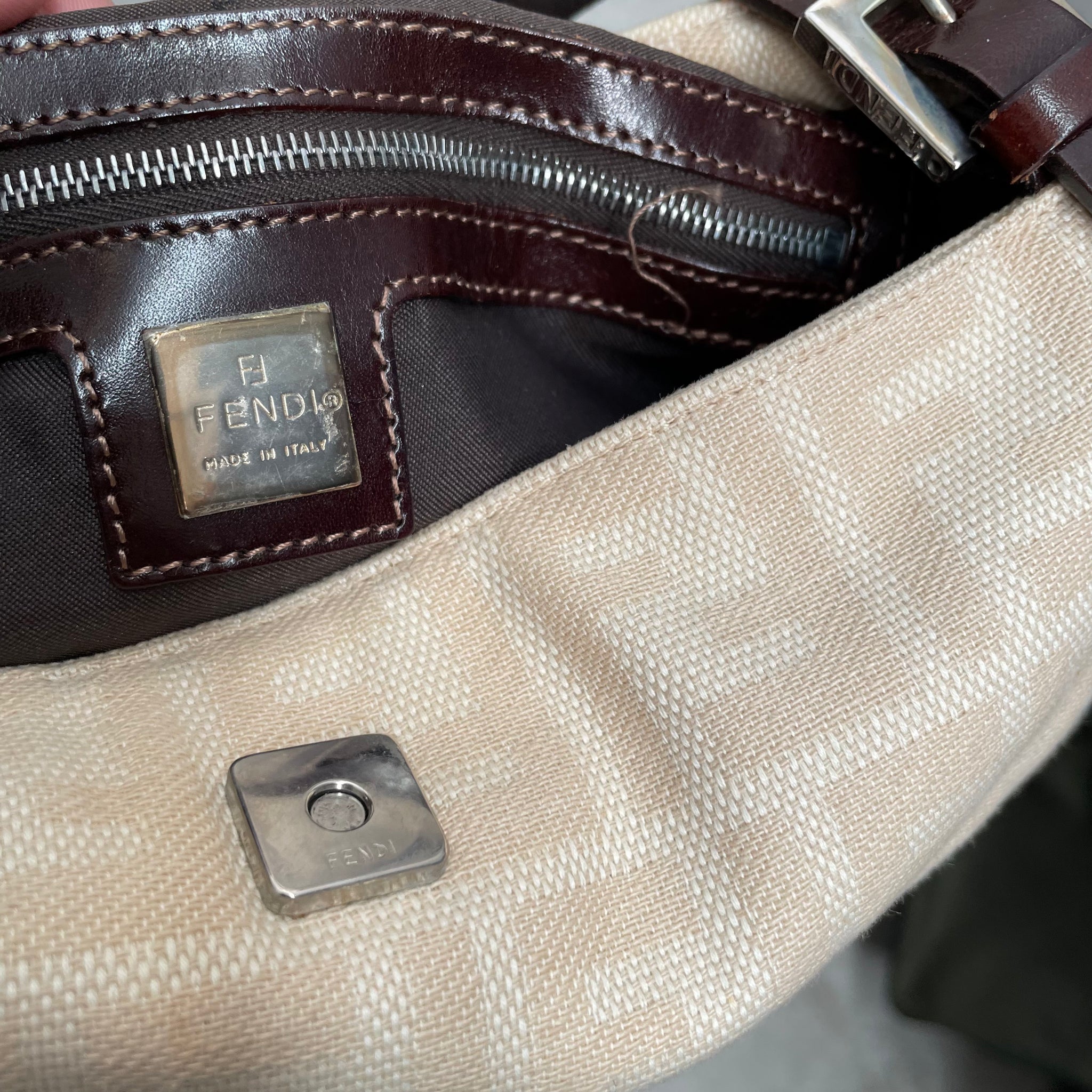 Fendi Zucca Double Strap Baguette Canvas Bag Beige