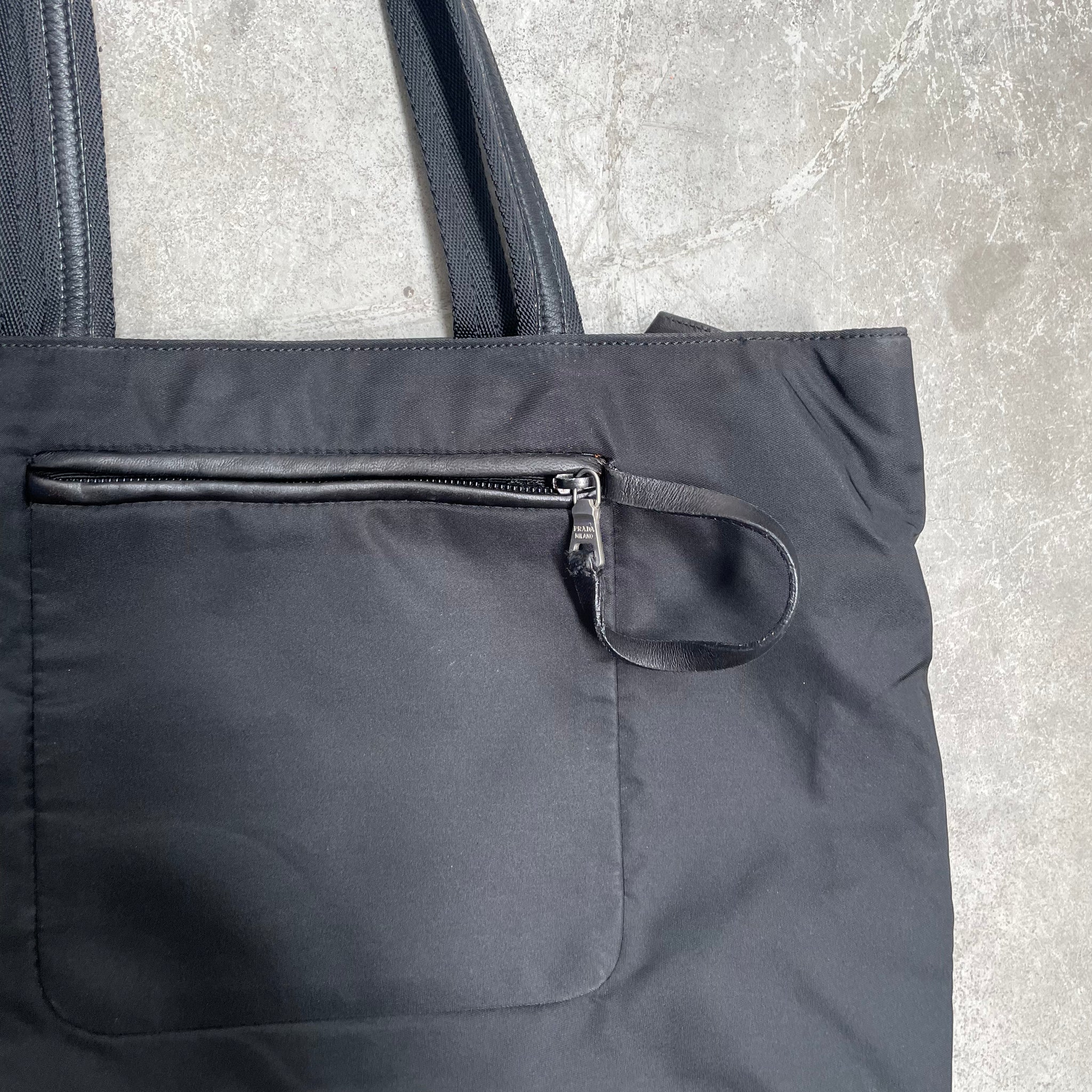 Prada Thin Fabric Back Zip Strap Tote Bag Nylon Black