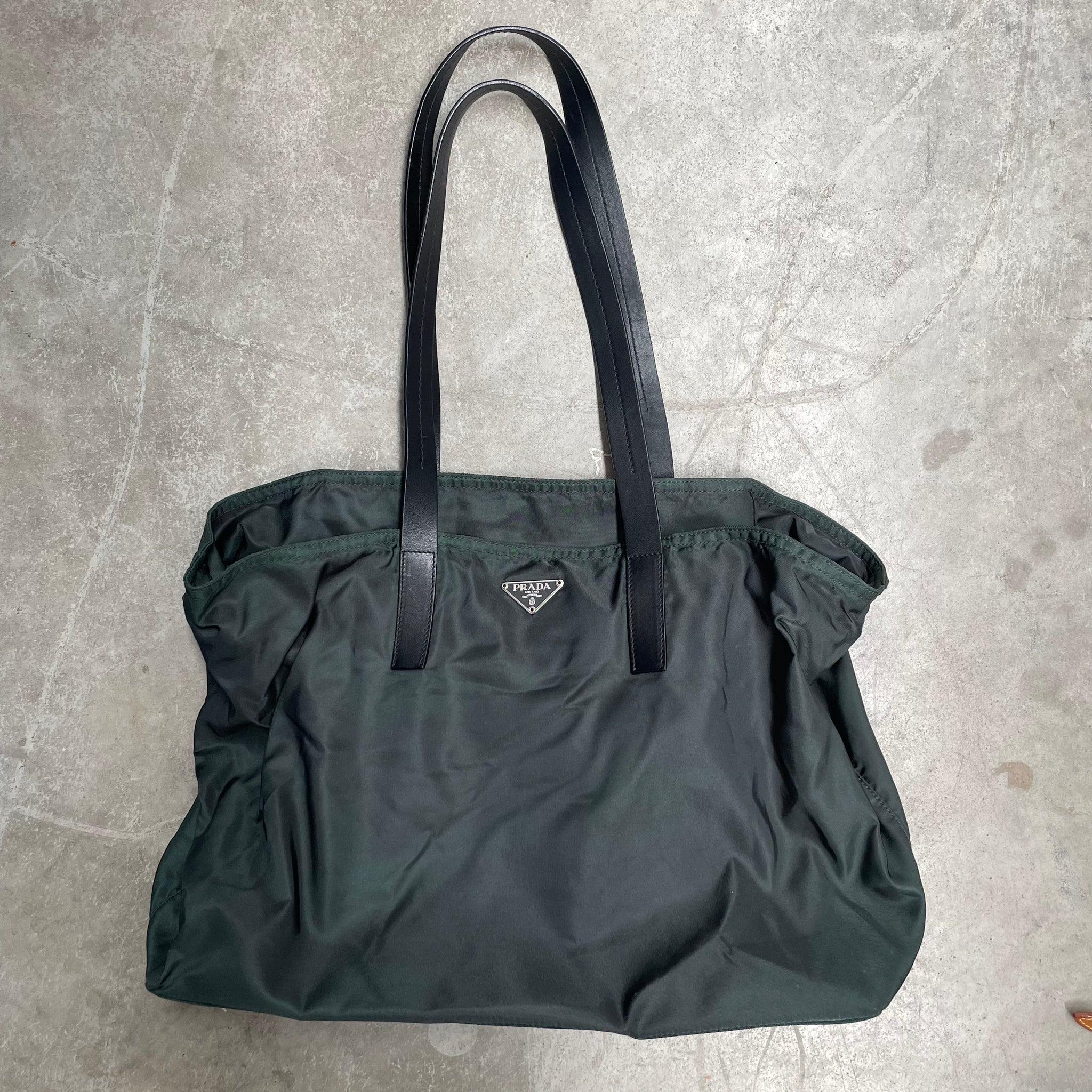 Prada Large Leather Strap Tote Bag Nylon Green