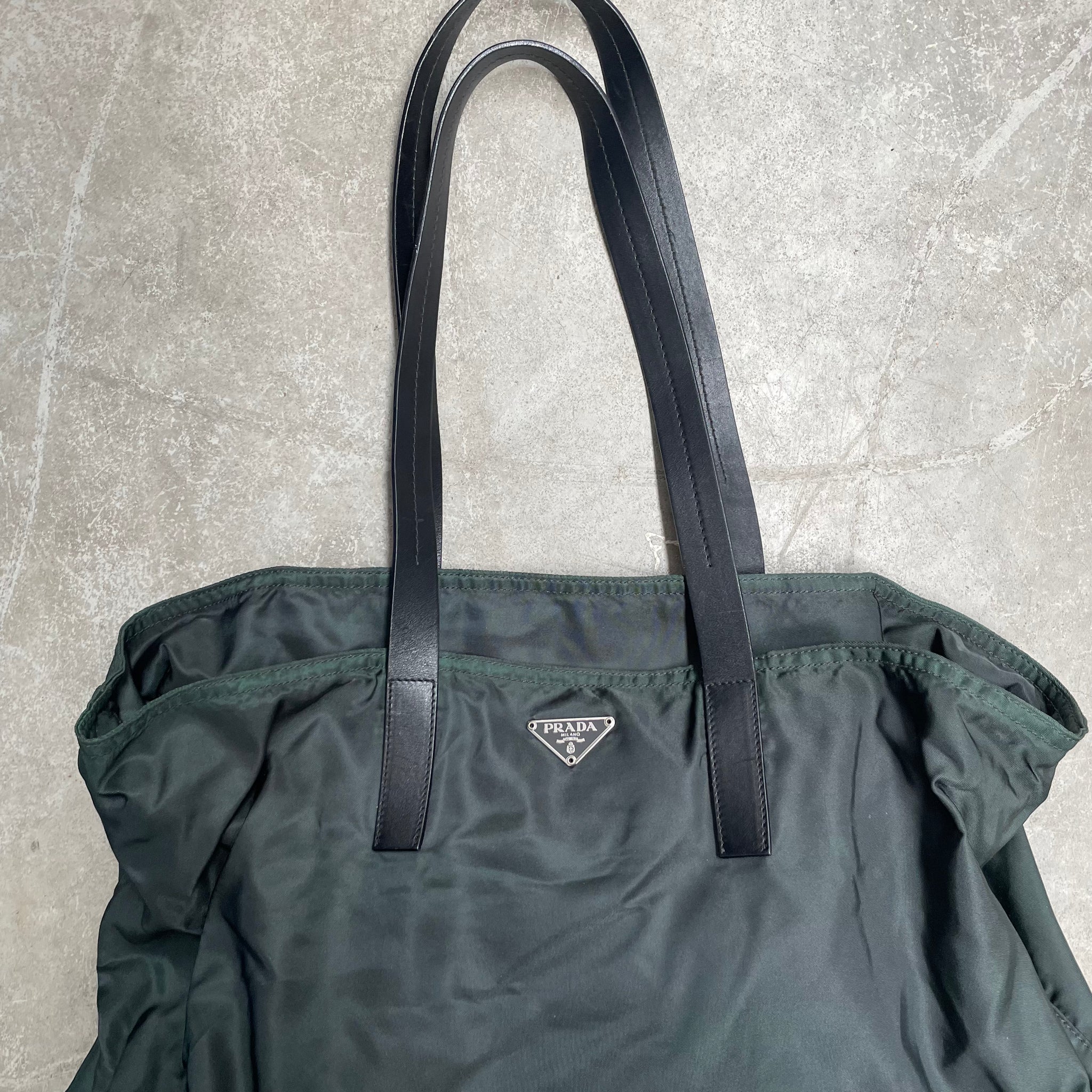 Prada Large Leather Strap Tote Bag Nylon Green