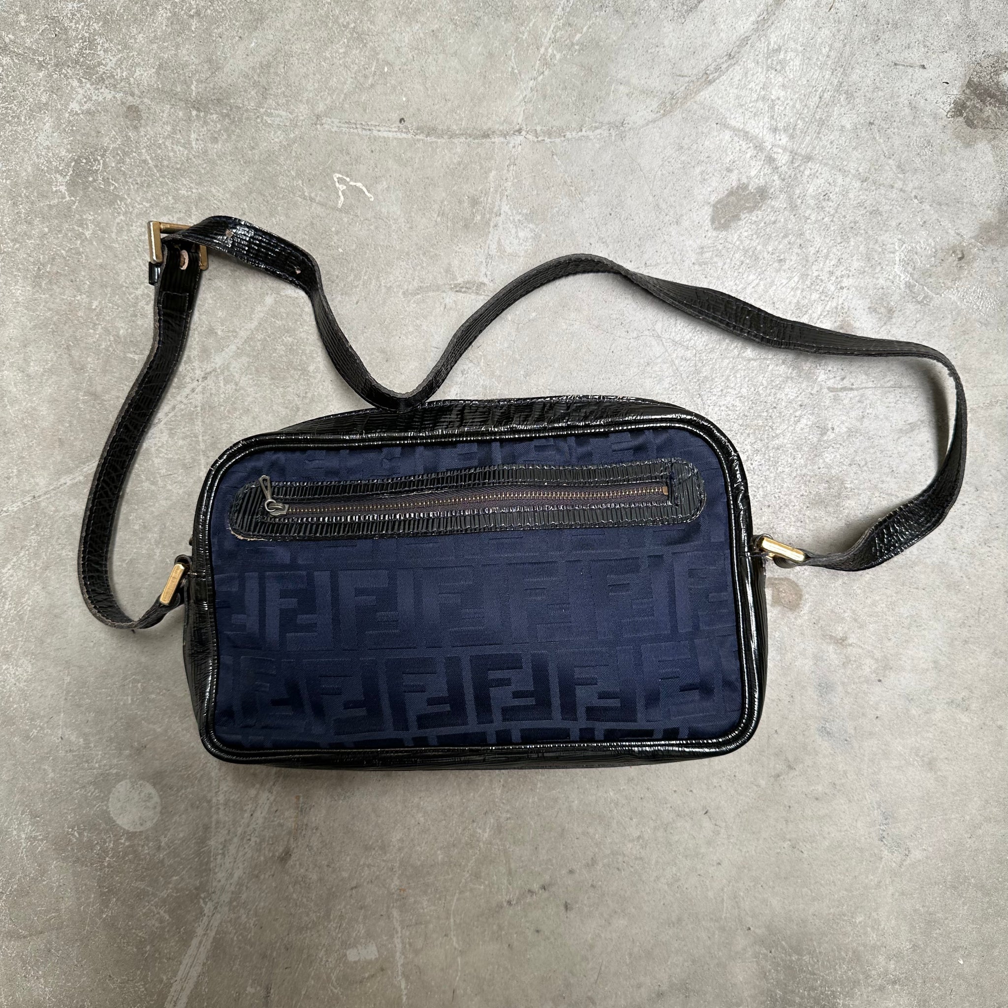 Fendi Vintage Logo Navy Leather Blue Coated Canvas Cross Body Bag