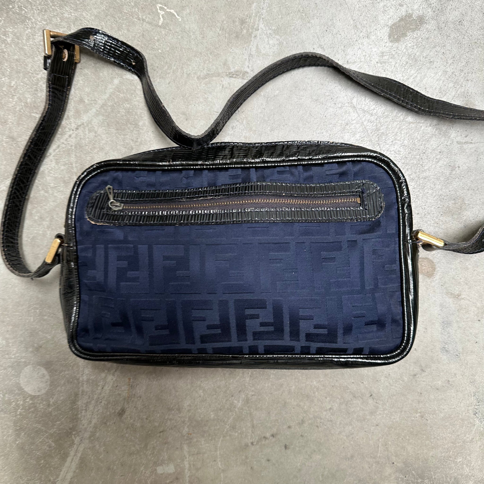 Fendi Vintage Logo Navy Leather Blue Coated Canvas Cross Body Bag