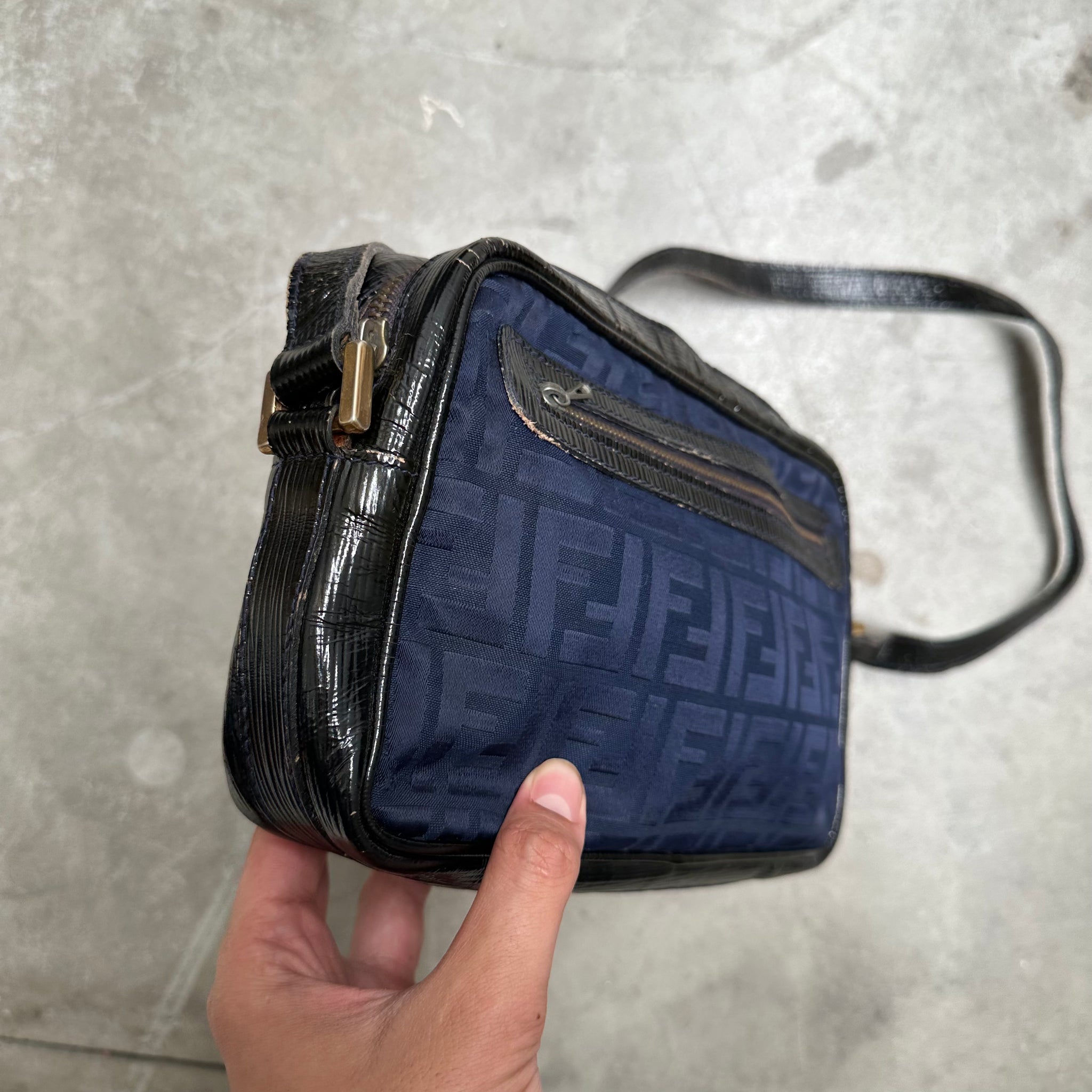 Fendi Vintage Logo Navy Leather Blue Coated Canvas Cross Body Bag