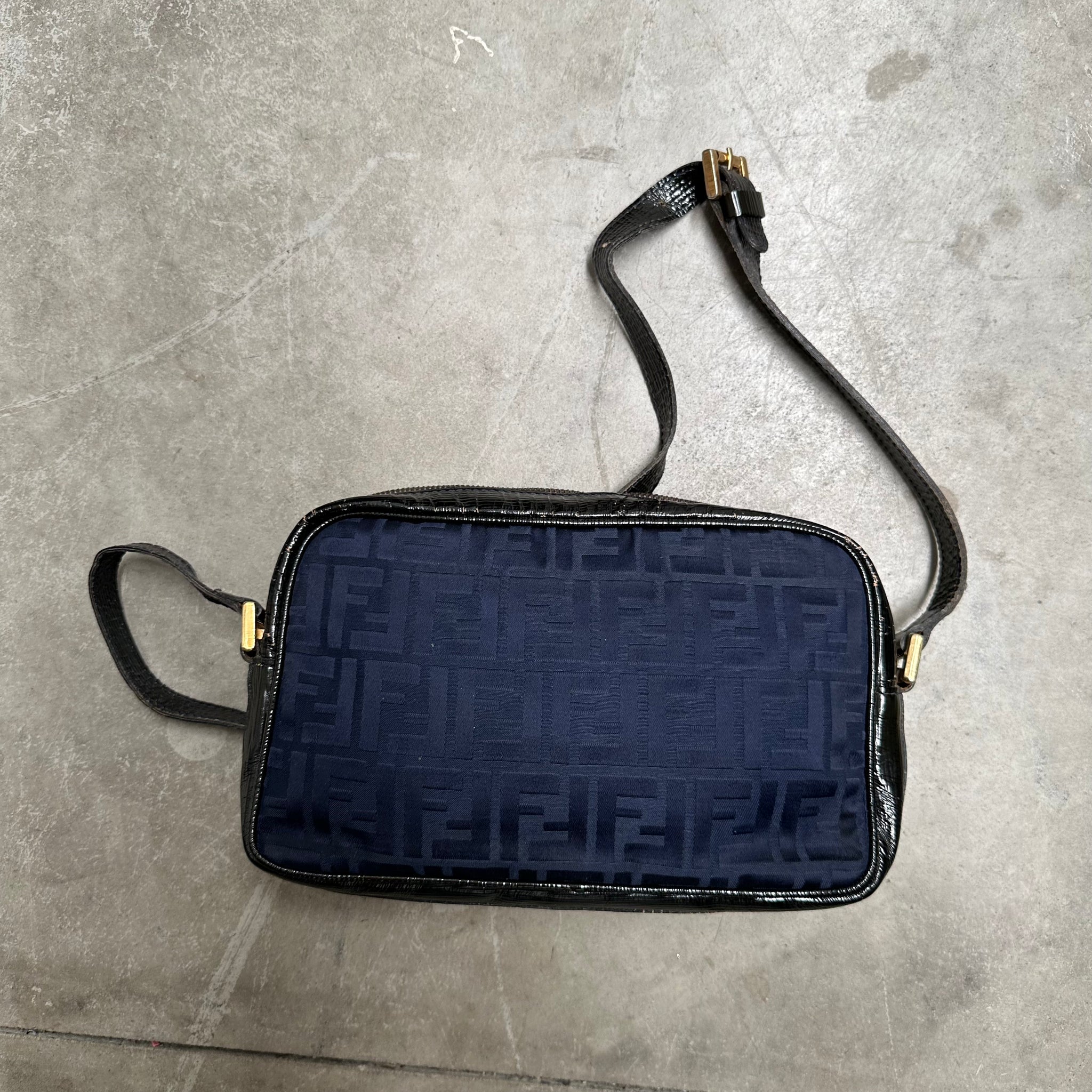 Fendi Vintage Logo Navy Leather Blue Coated Canvas Cross Body Bag