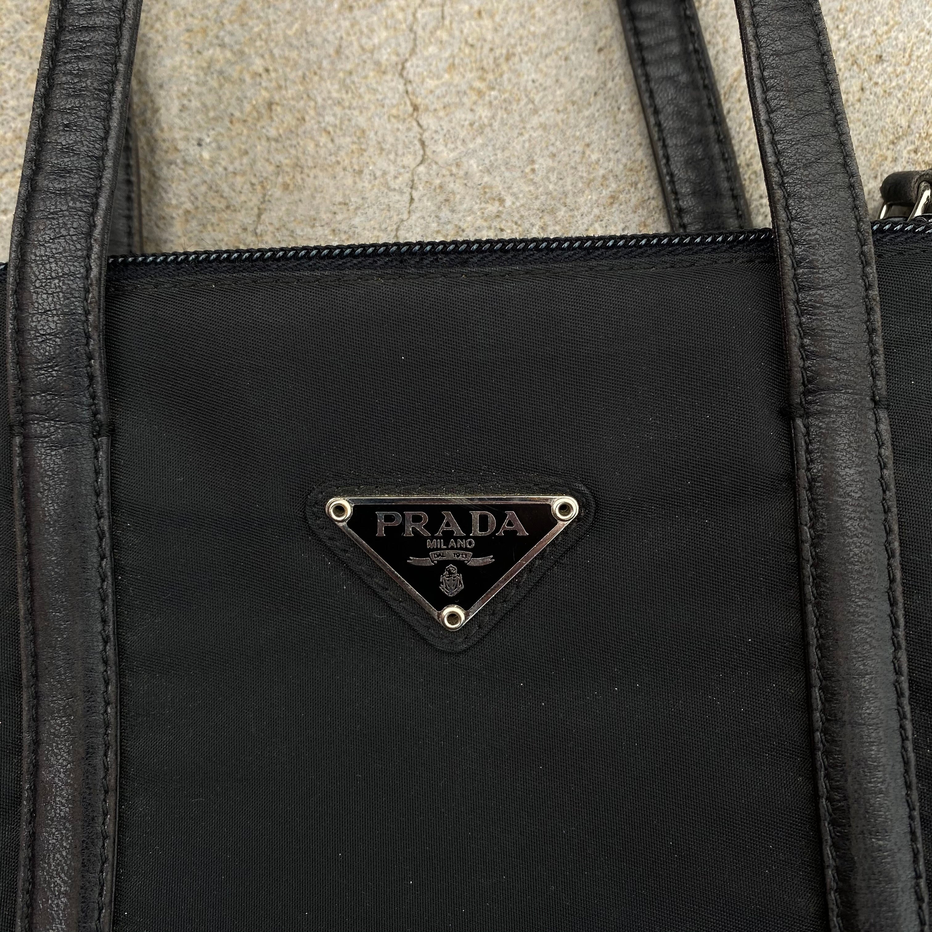 Prada Vintage Nylon Black Multi Pocket Leather Handle Hand Bag