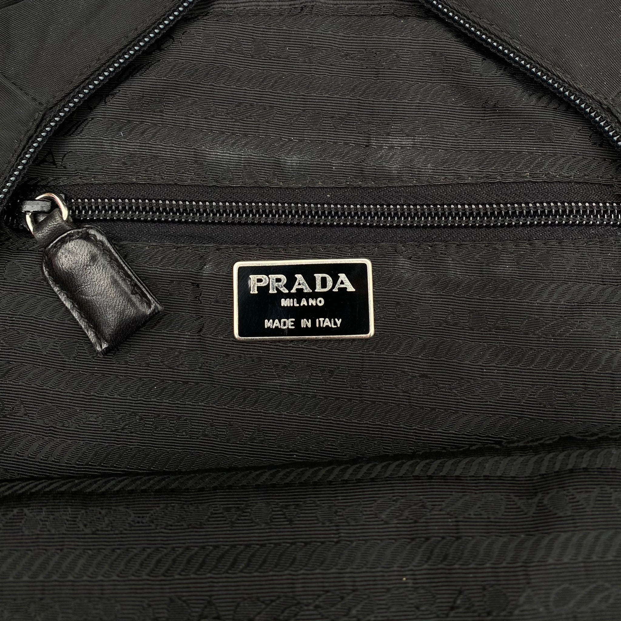Prada Vintage Nylon Black Multi Pocket Leather Handle Hand Bag