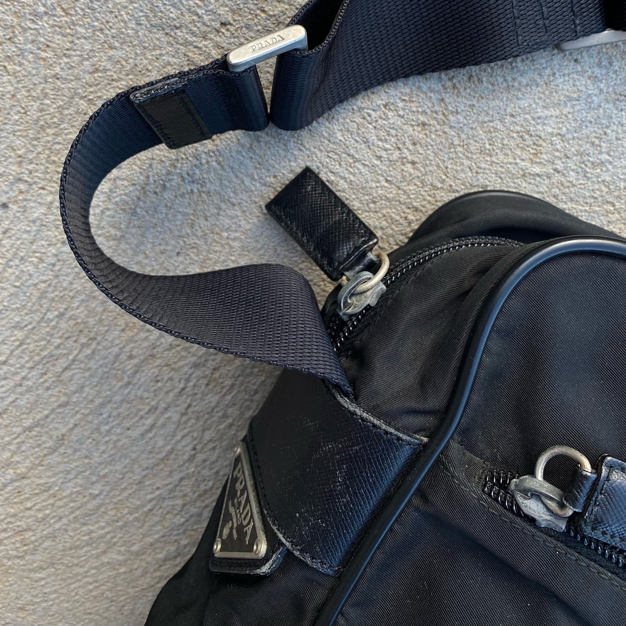 Prada Nylon Black Saffiano Leather Detailing Side Bag