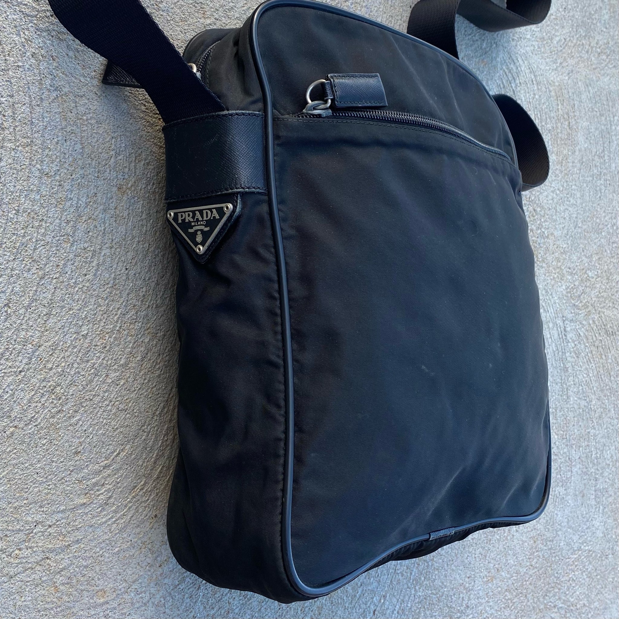 Prada Nylon Black Saffiano Leather Detailing Side Bag