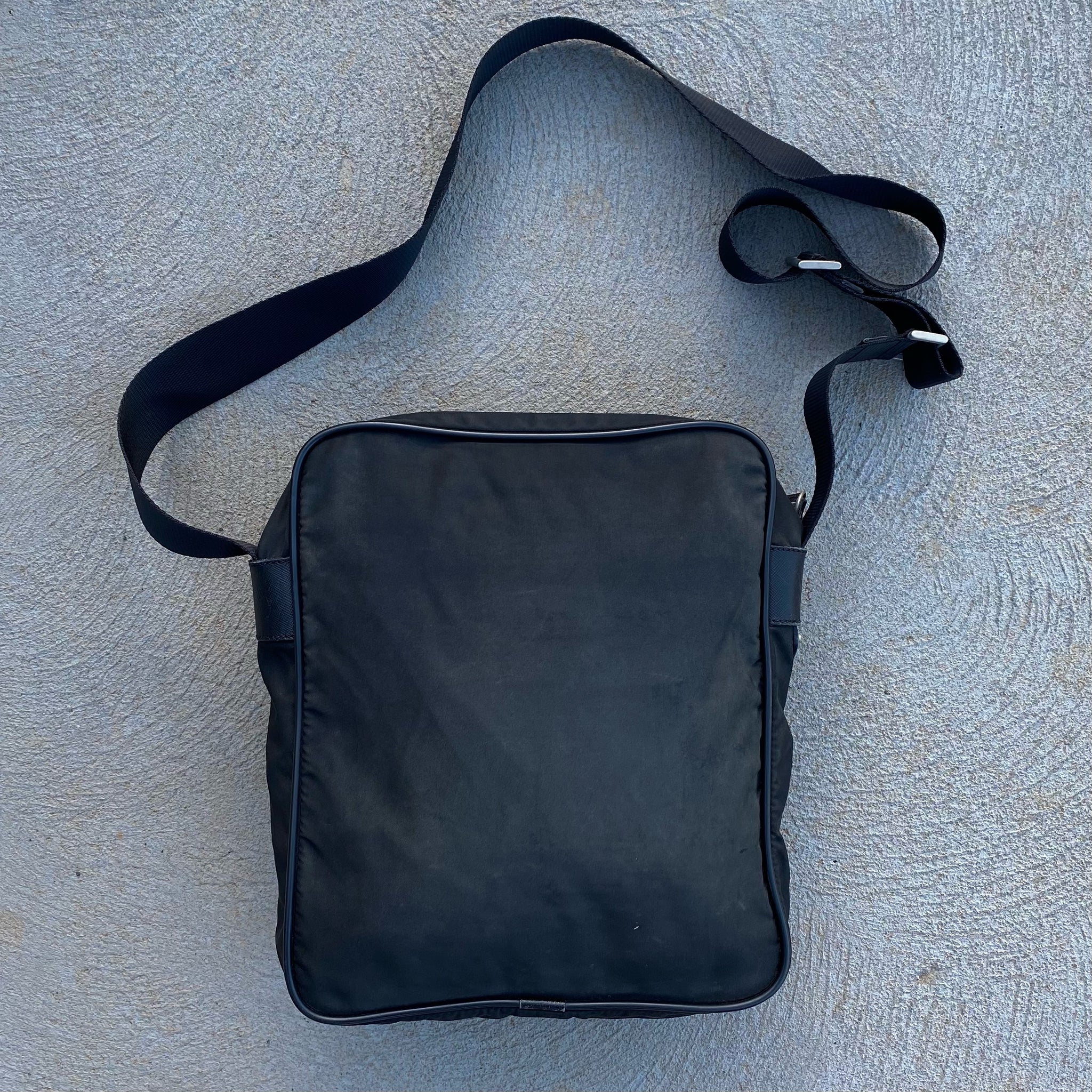 Prada Nylon Black Saffiano Leather Detailing Side Bag