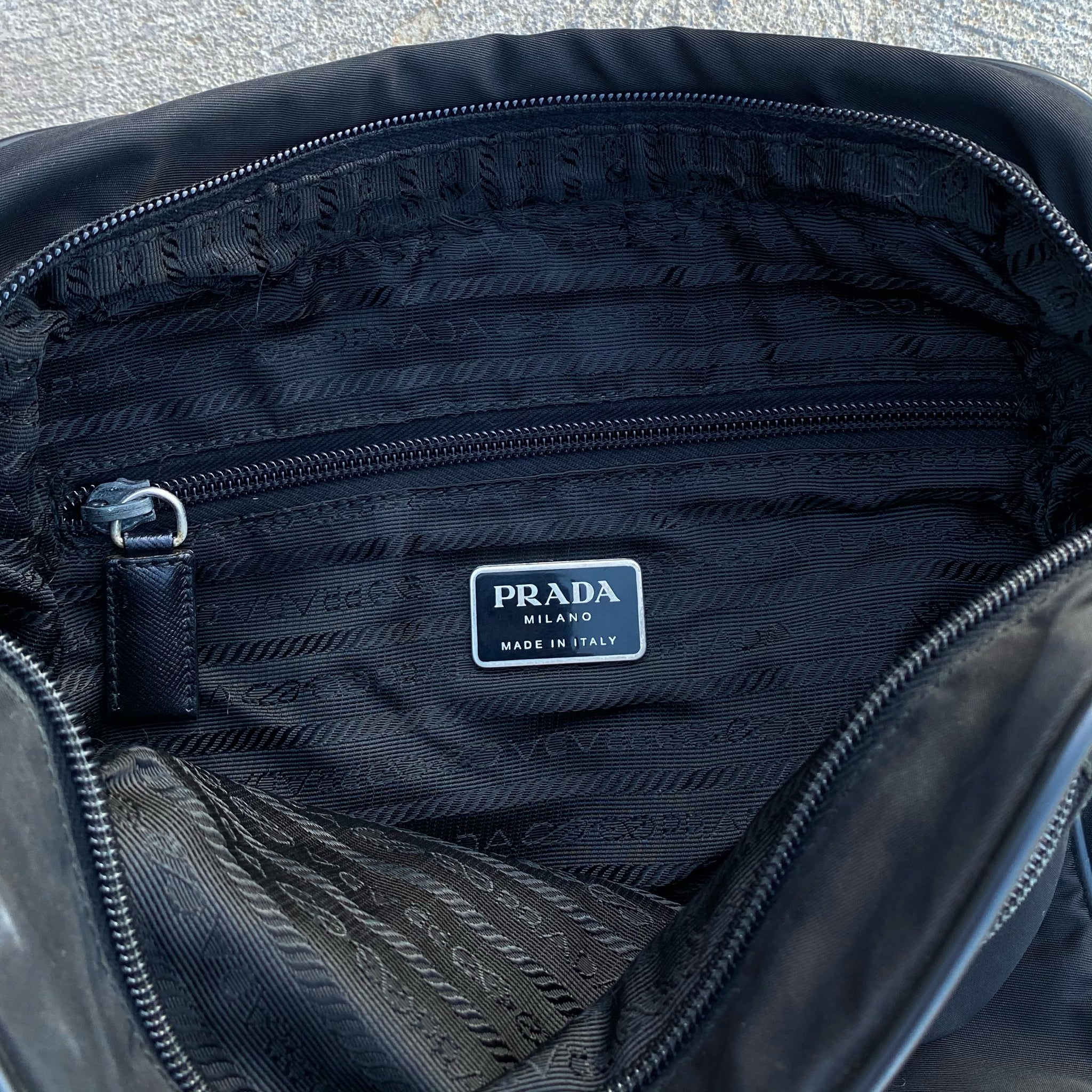 Prada Nylon Black Saffiano Leather Detailing Side Bag