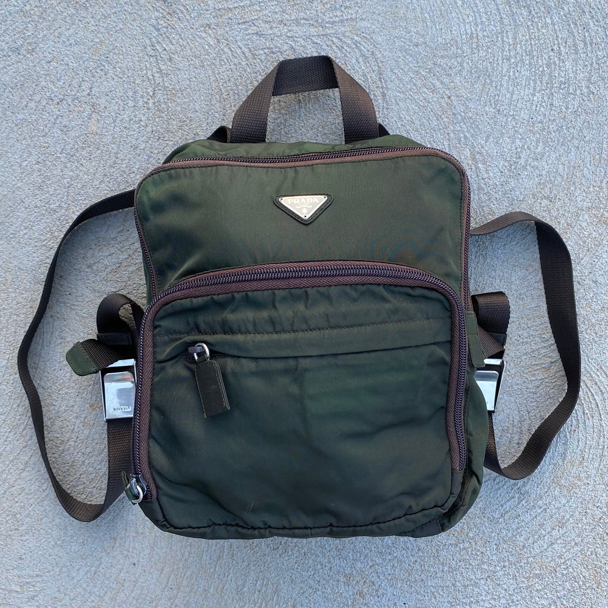Prada Vintage Nylon Forest Green Metal Buckle Mini Back Pack