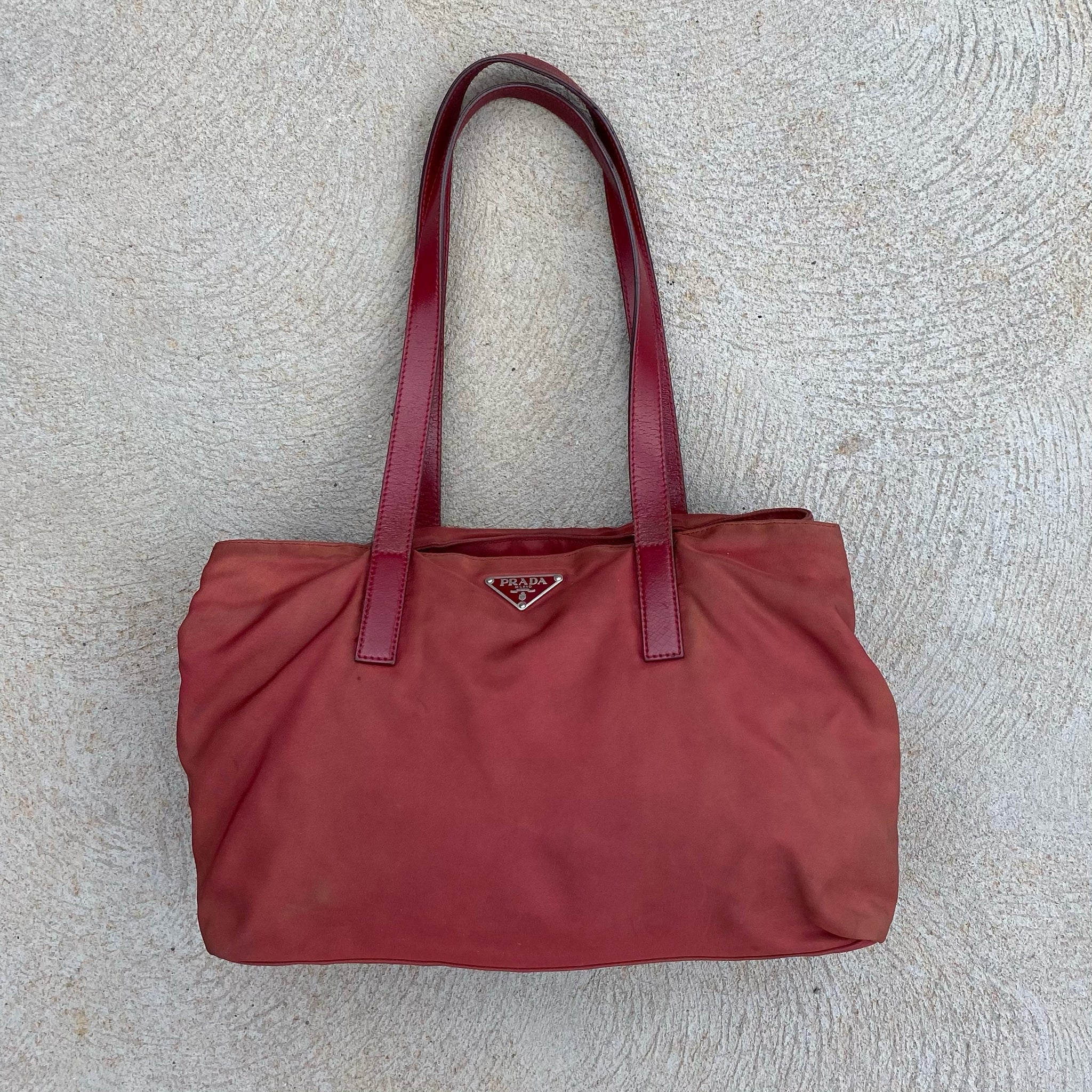 Prada Vintage Nylon Faded Wine Red Leather Handle Hand Bag