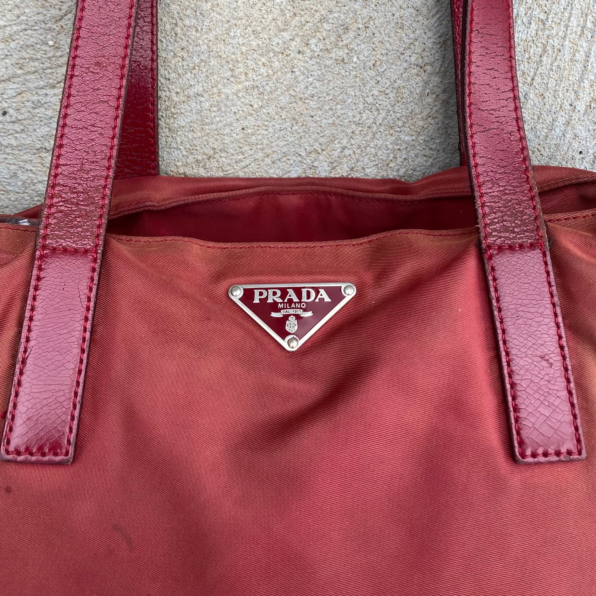Prada Vintage Nylon Faded Wine Red Leather Handle Hand Bag