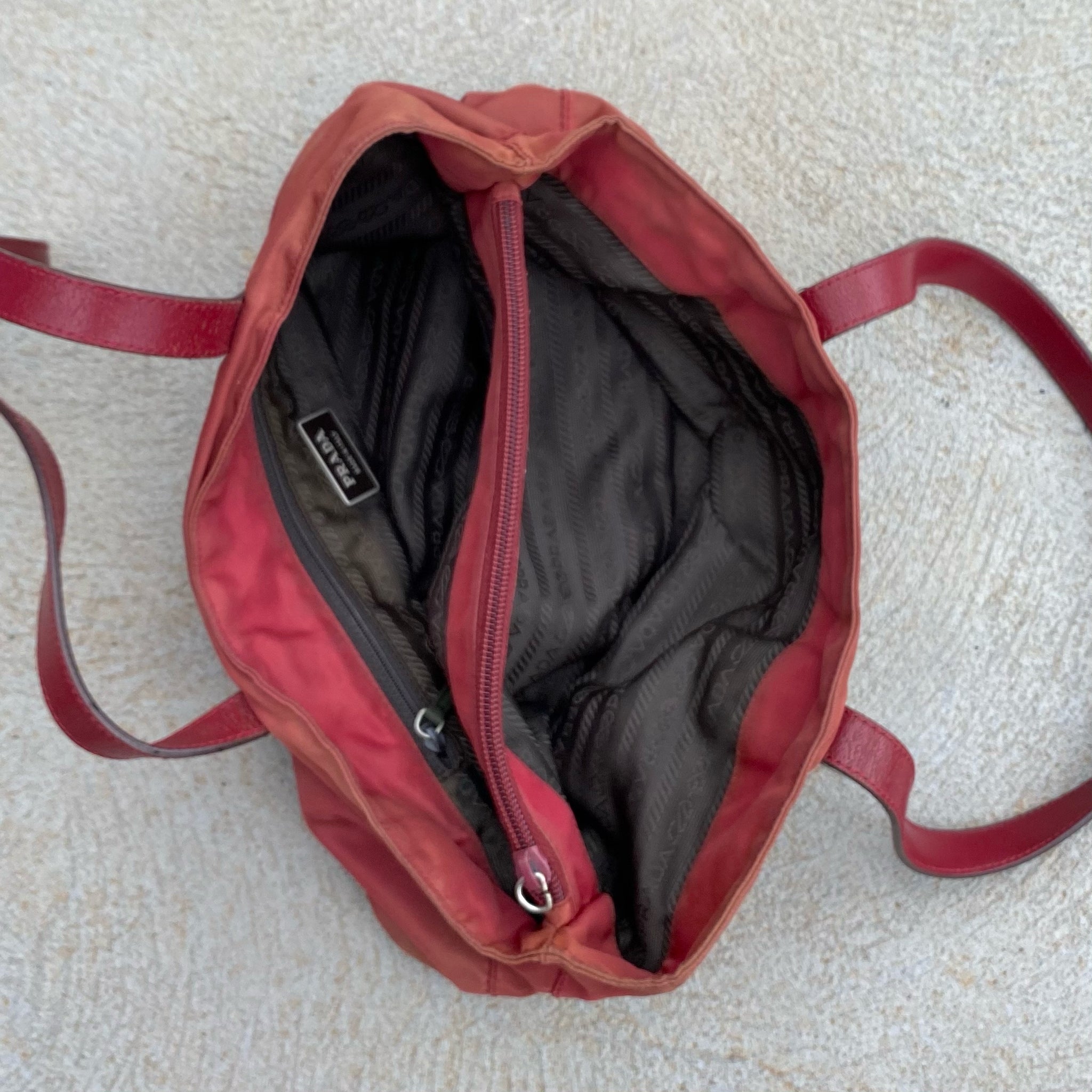Prada Vintage Nylon Faded Wine Red Leather Handle Hand Bag