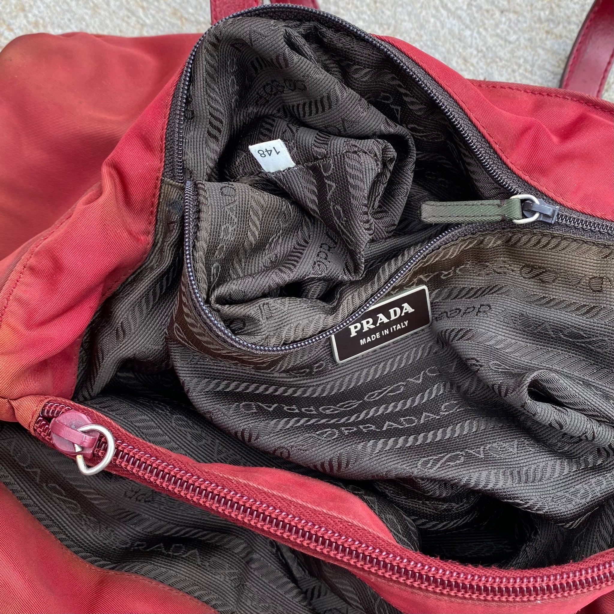 Prada Vintage Nylon Faded Wine Red Leather Handle Hand Bag