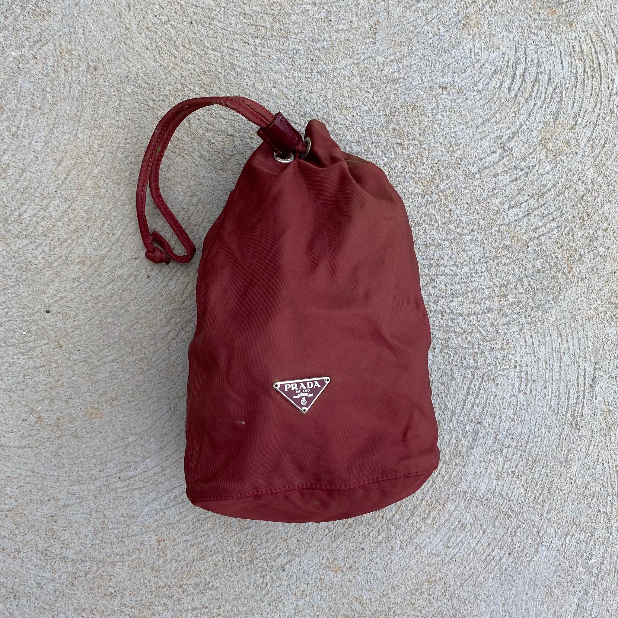 Prada Vintage Nylon Wine Red Large Drawstring Pouch / Bag