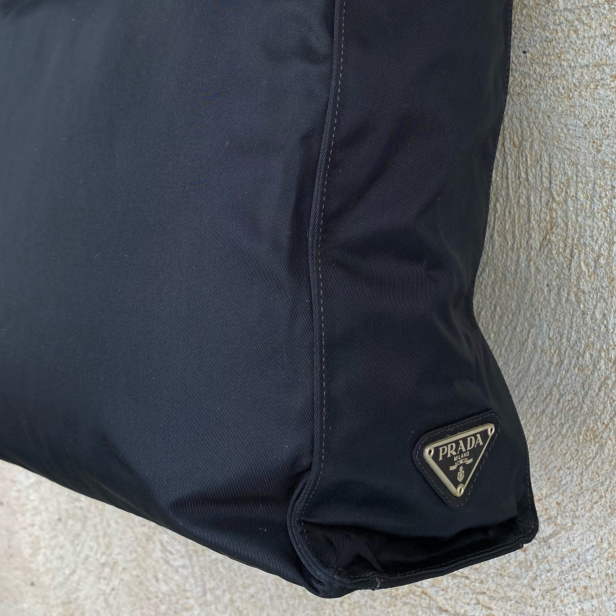 Prada Nylon Black Side Logo Plastic Handle Hand Bag