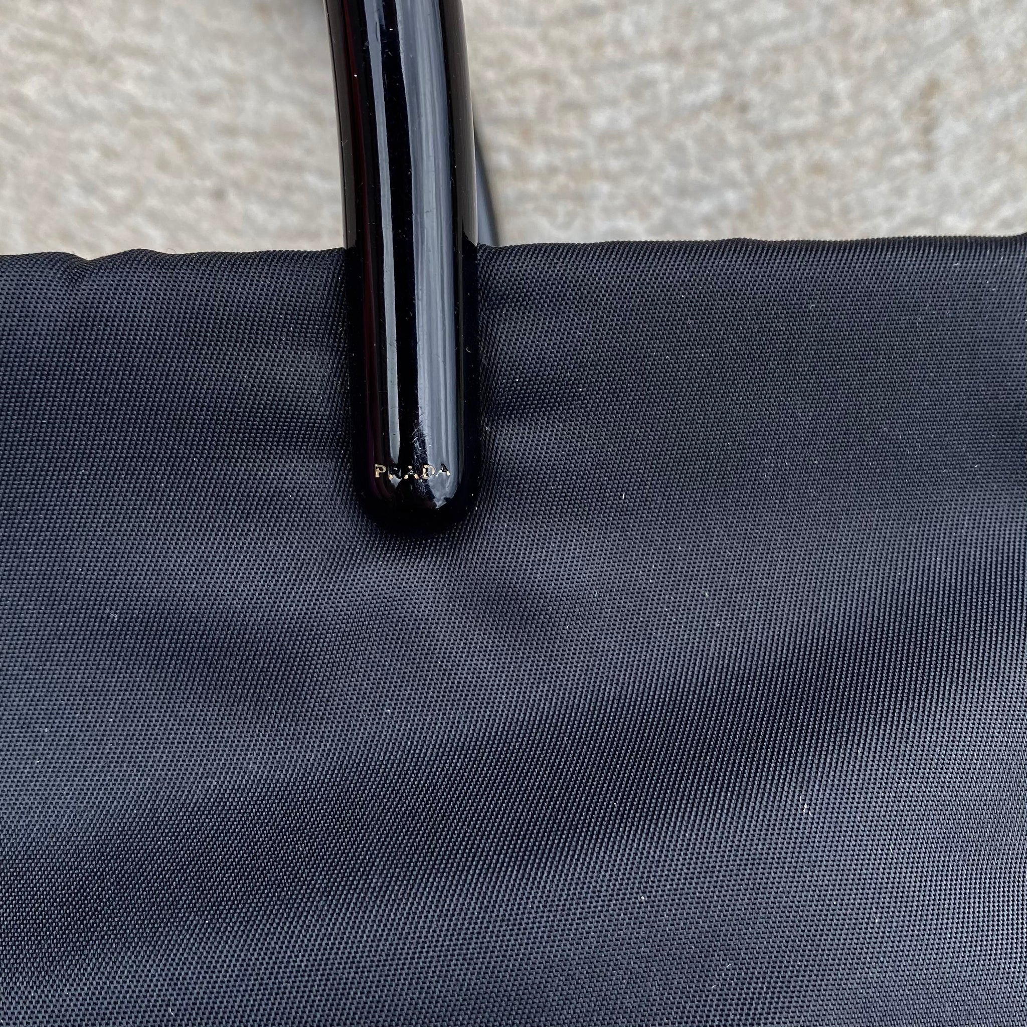 Prada Nylon Black Side Logo Plastic Handle Hand Bag