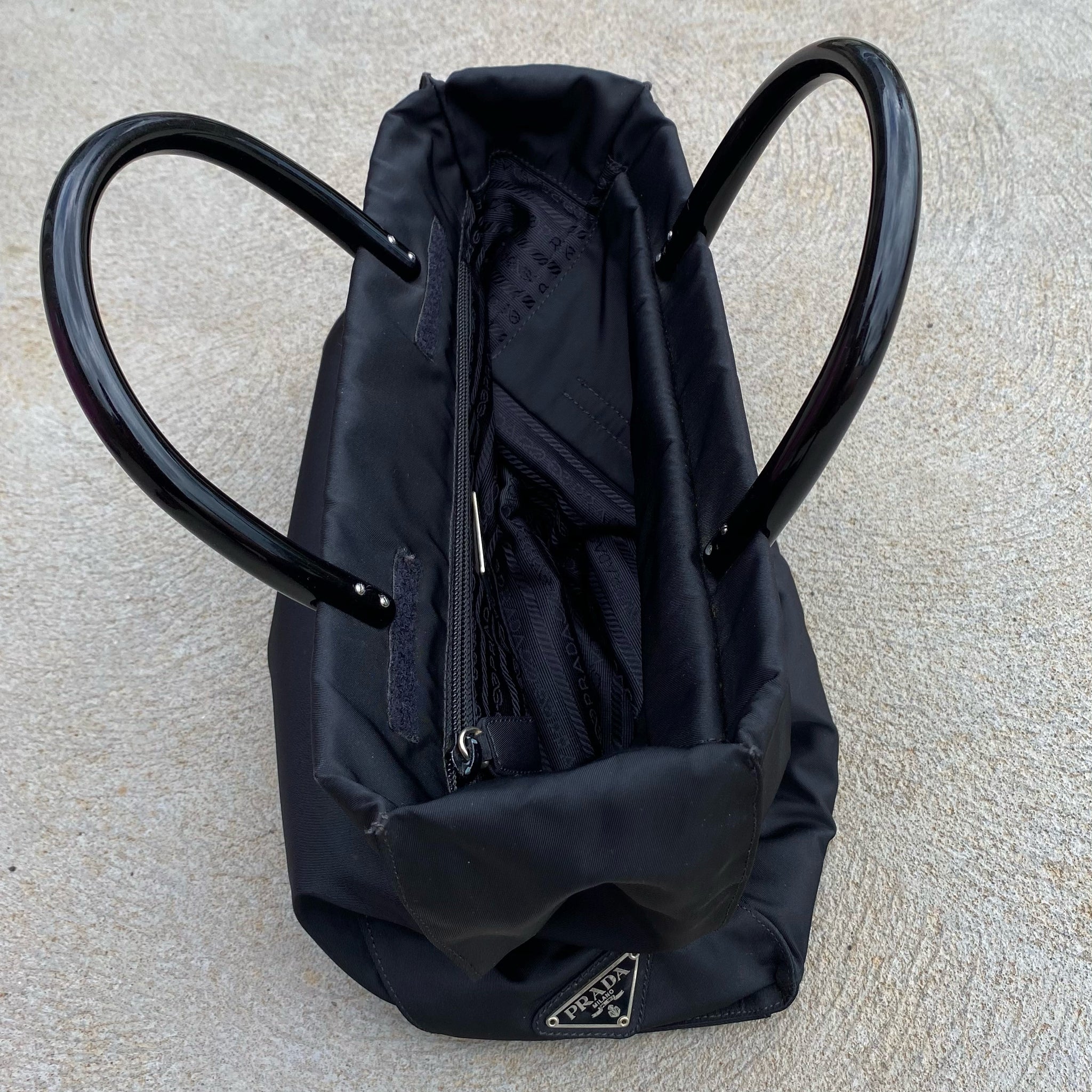 Prada Nylon Black Side Logo Plastic Handle Hand Bag
