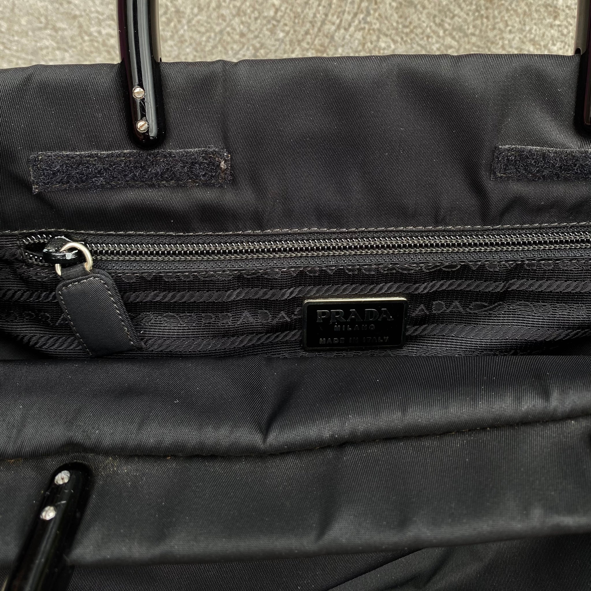 Prada Nylon Black Side Logo Plastic Handle Hand Bag