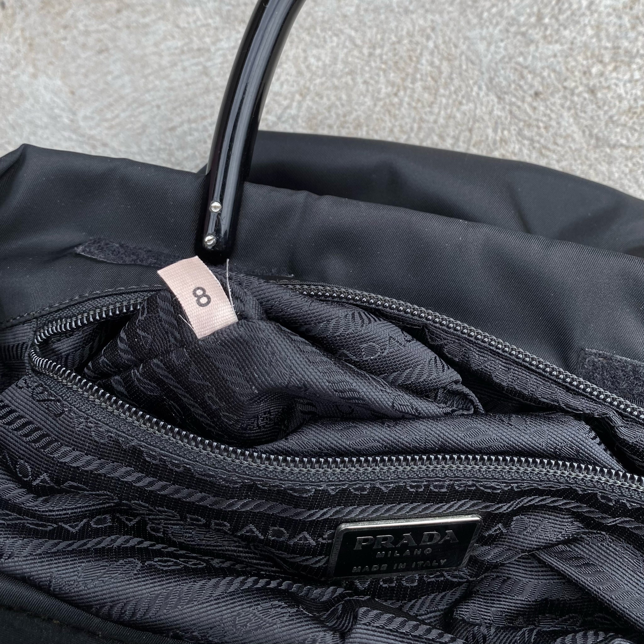 Prada Nylon Black Side Logo Plastic Handle Hand Bag