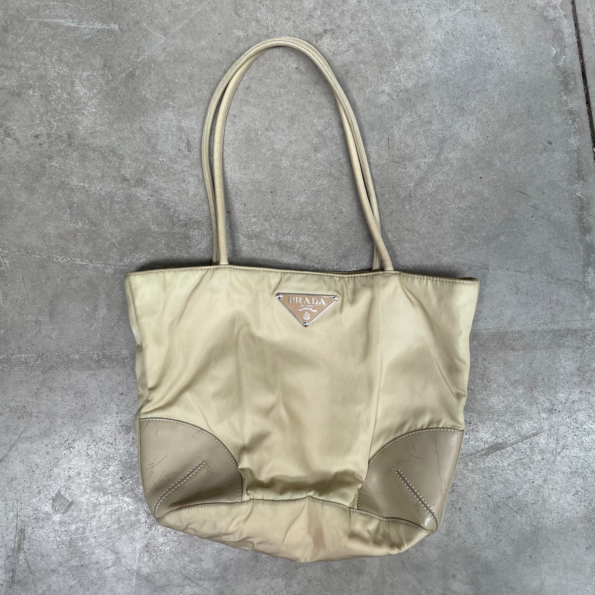Prada Leather Corner Tote Bag Beige