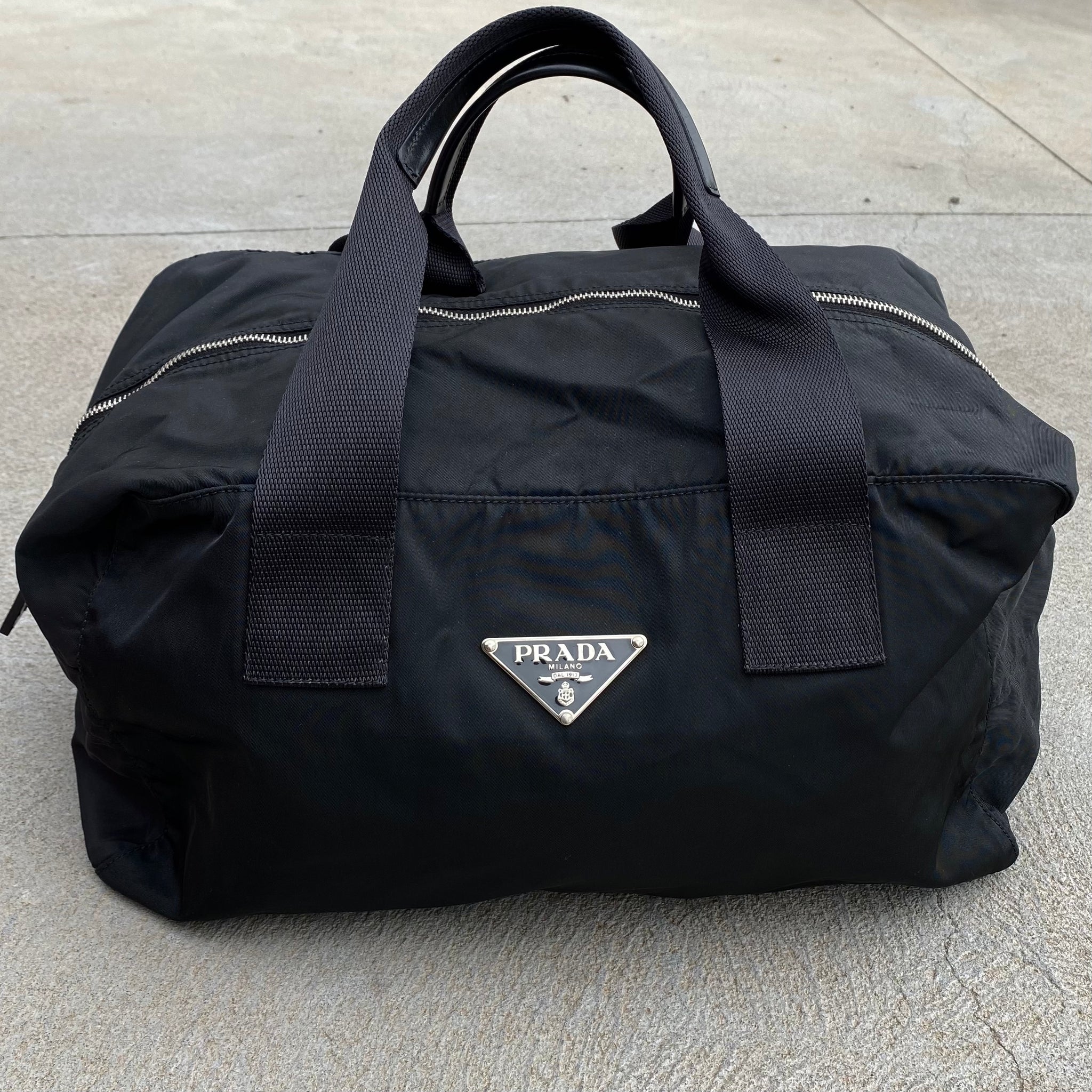 Prada Nylon Black Large Duffle Leather Handle Carry Bag
