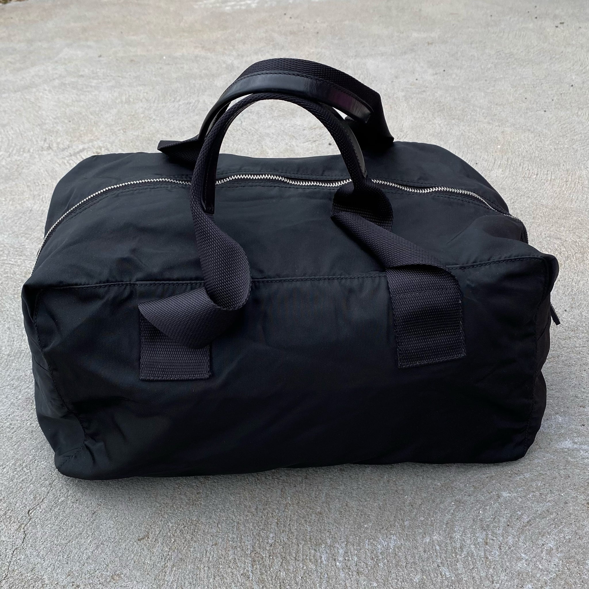 Prada Nylon Black Large Duffle Leather Handle Carry Bag