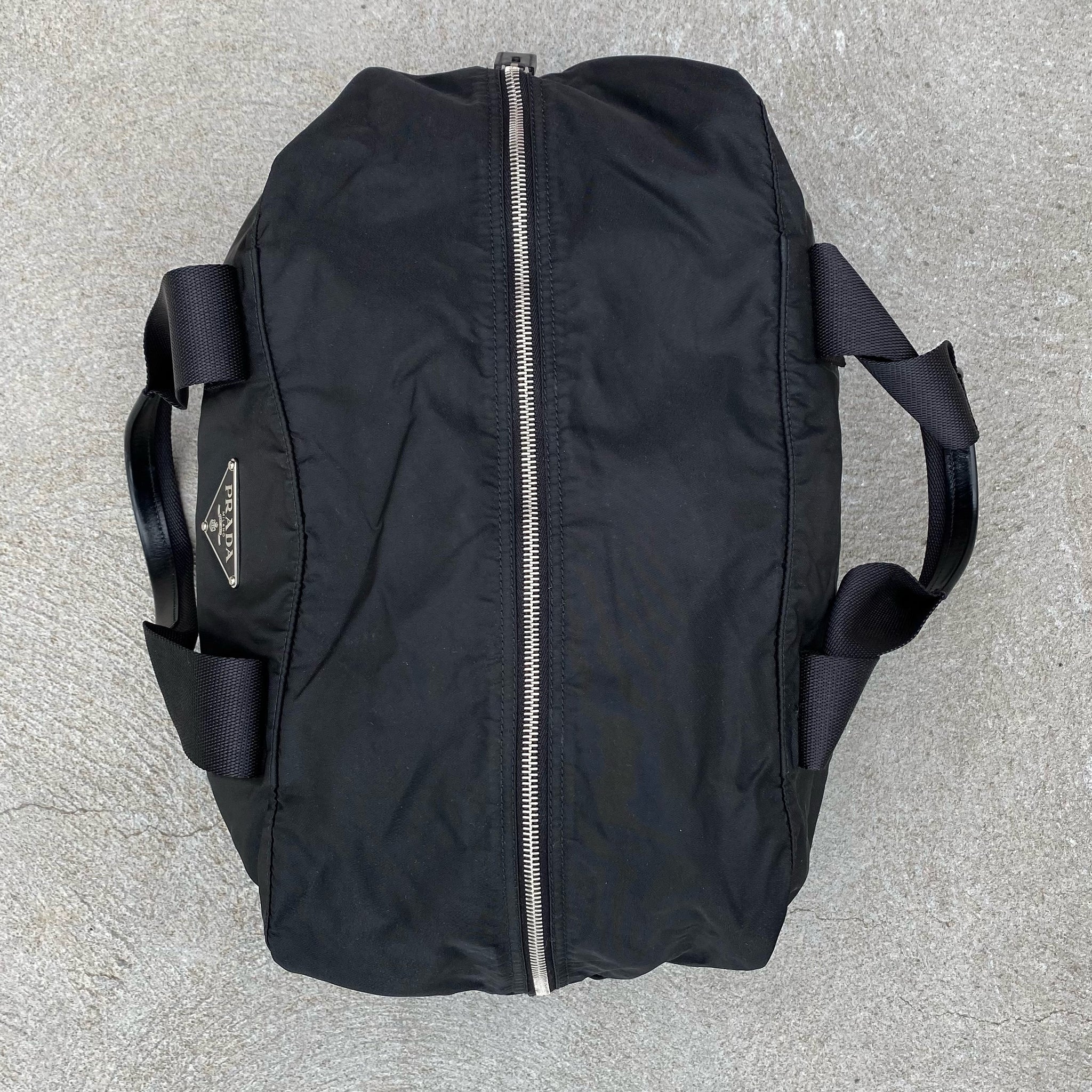 Prada Nylon Black Large Duffle Leather Handle Carry Bag