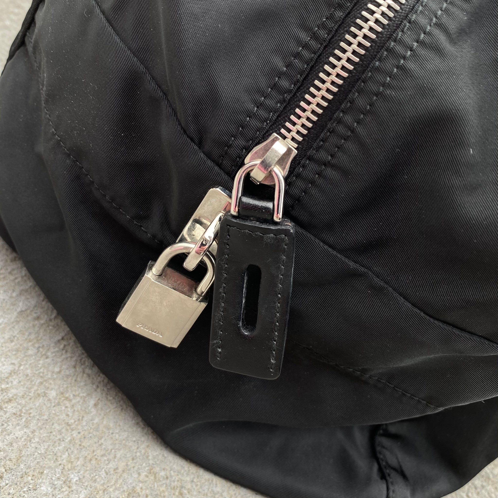 Prada Nylon Black Large Duffle Leather Handle Carry Bag