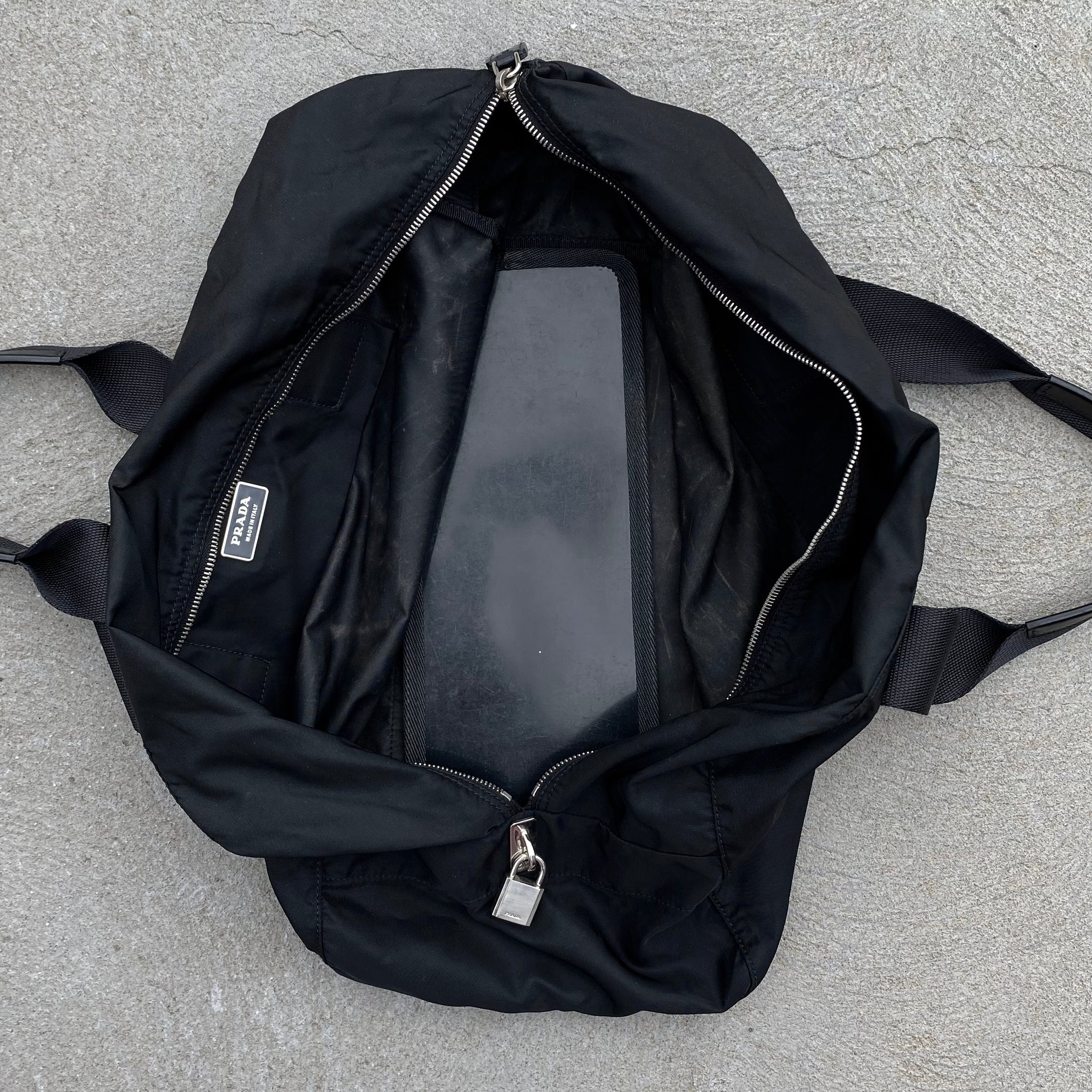 Prada Nylon Black Large Duffle Leather Handle Carry Bag
