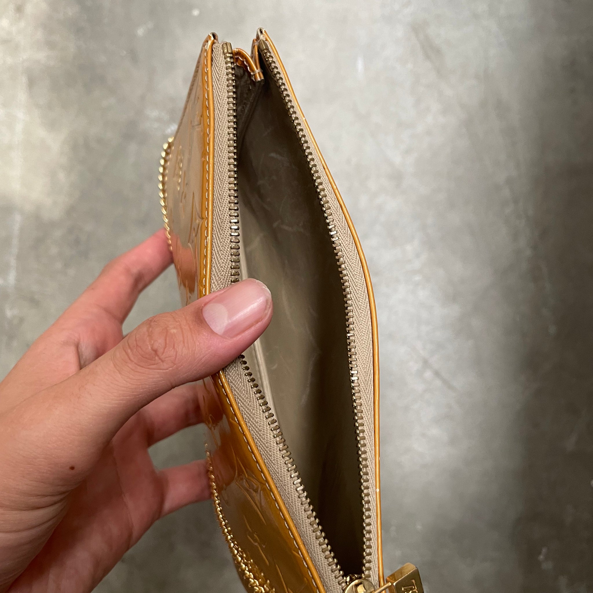 Louis Vuitton Lexington Patent Leather Yellow Pochette Bag