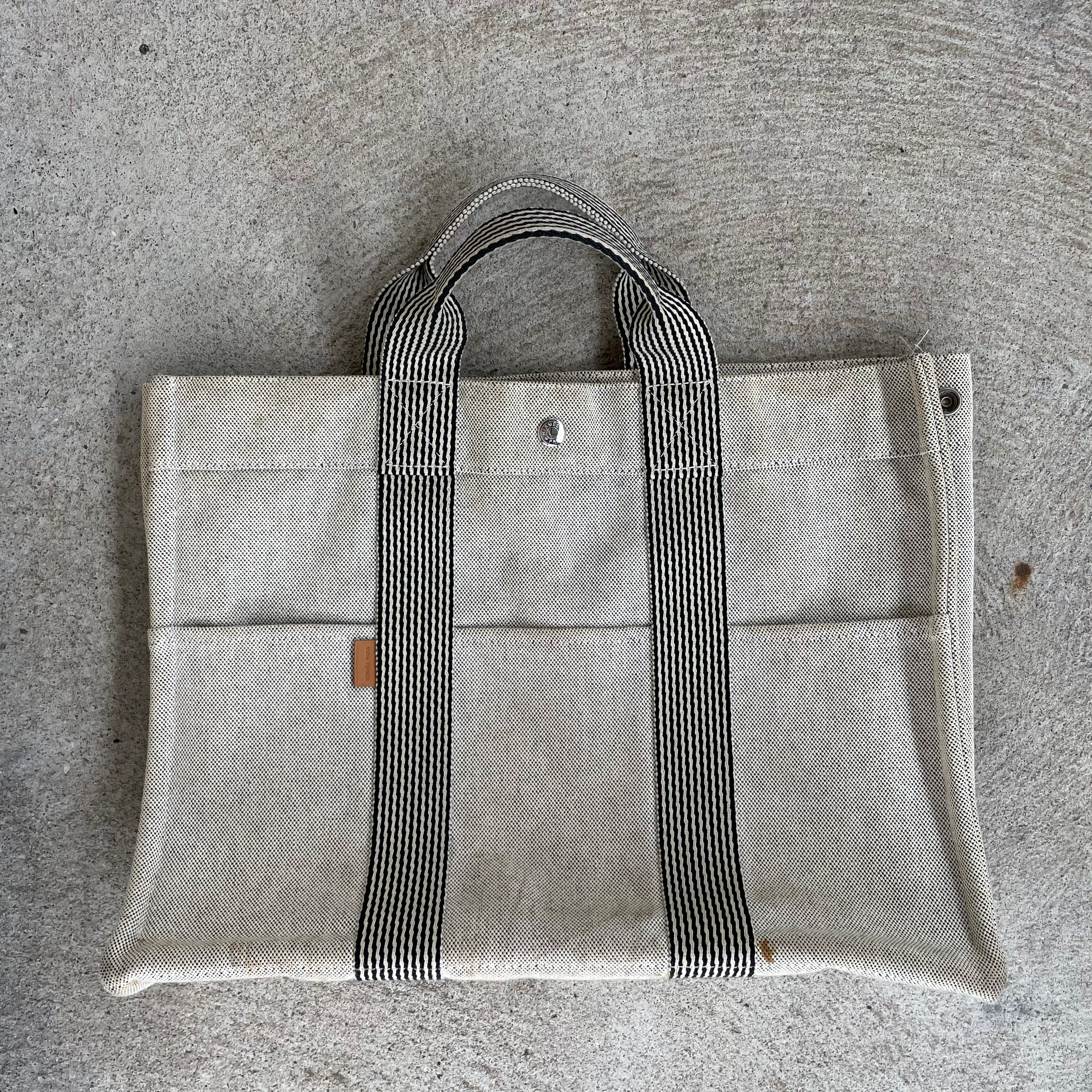 HERMES Authentic Herline Bag Gray Canvas Tout Tote Bag 