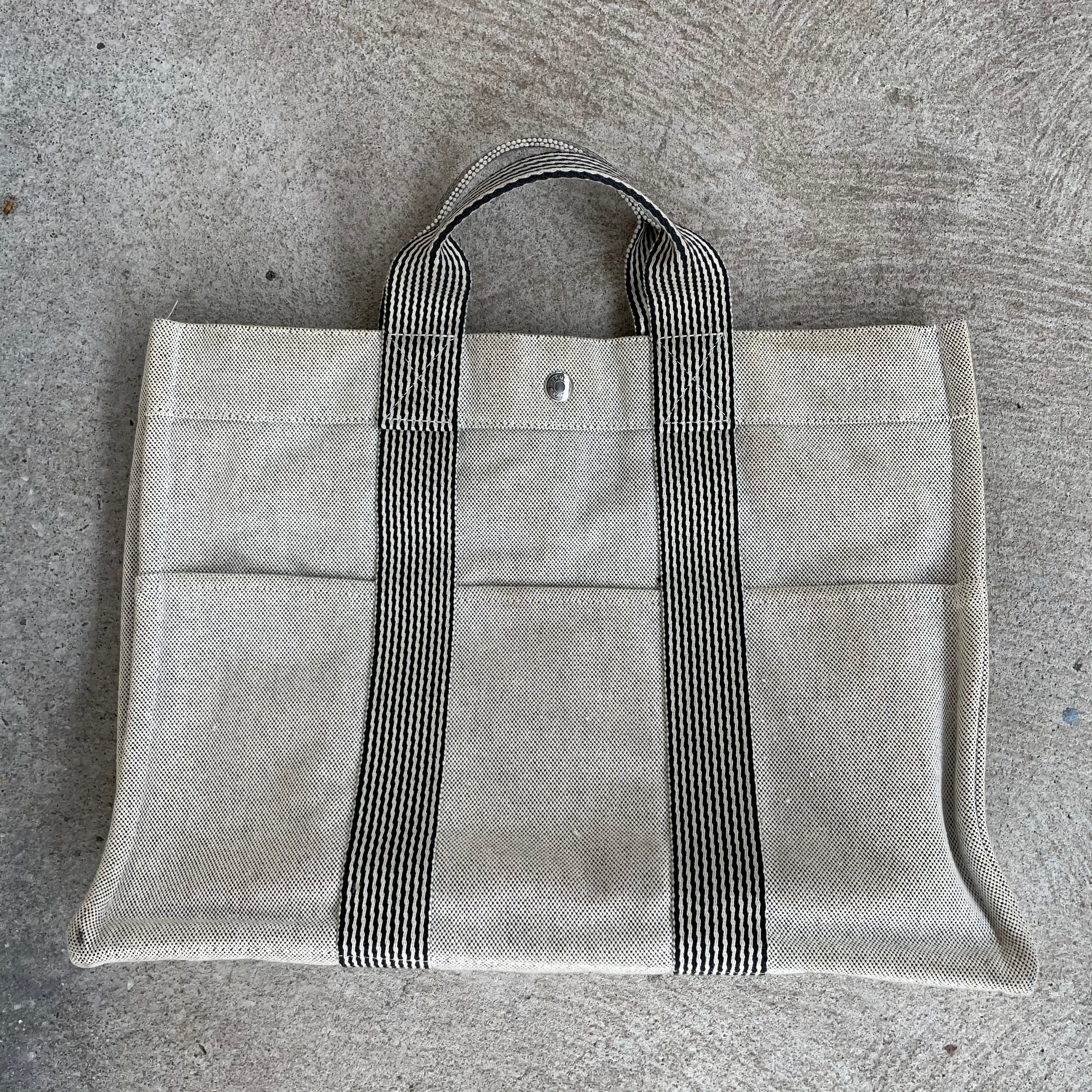 HERMES Authentic Herline Bag Gray Canvas Tout Tote Bag 