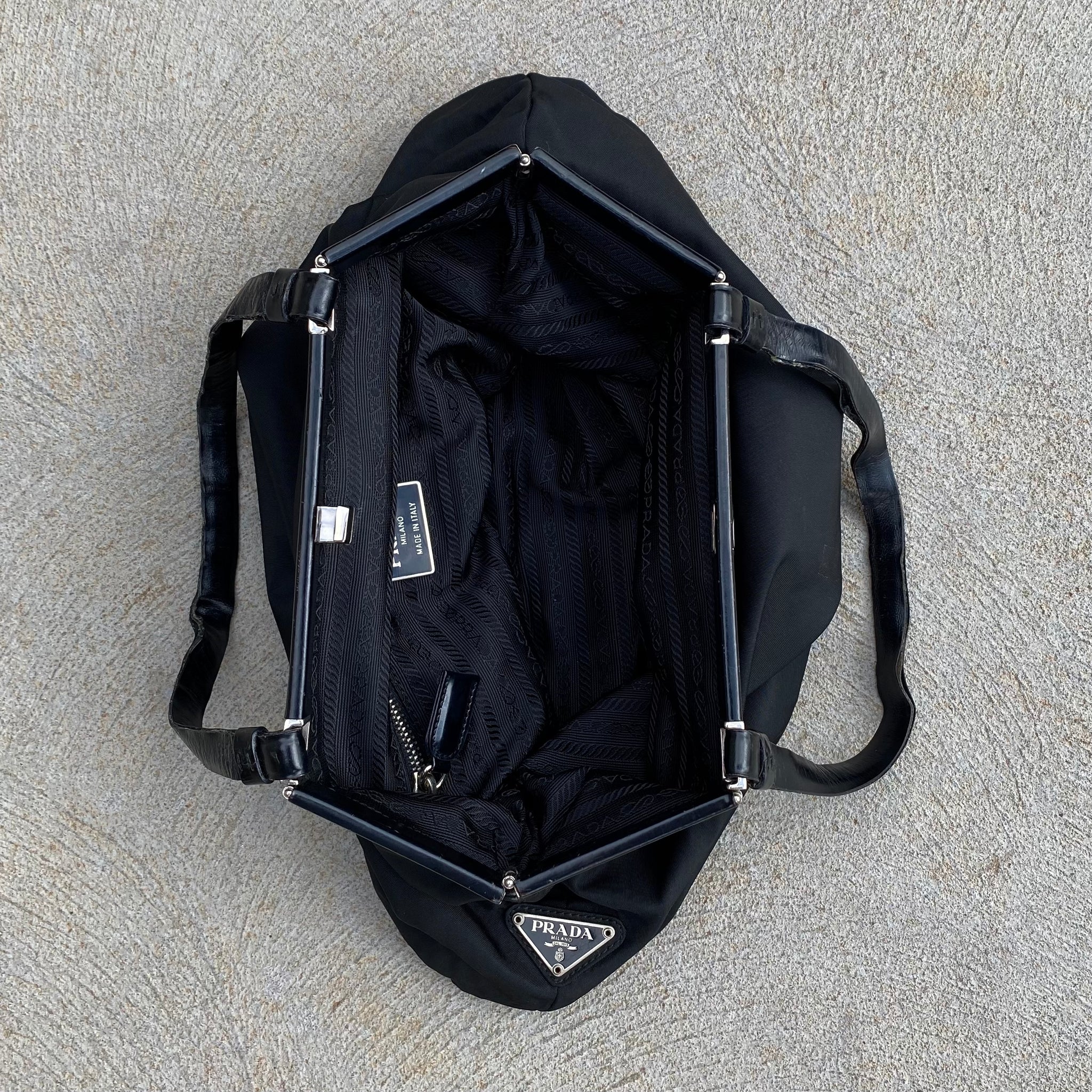 Prada Nylon Black Leather Strap Hand Bag