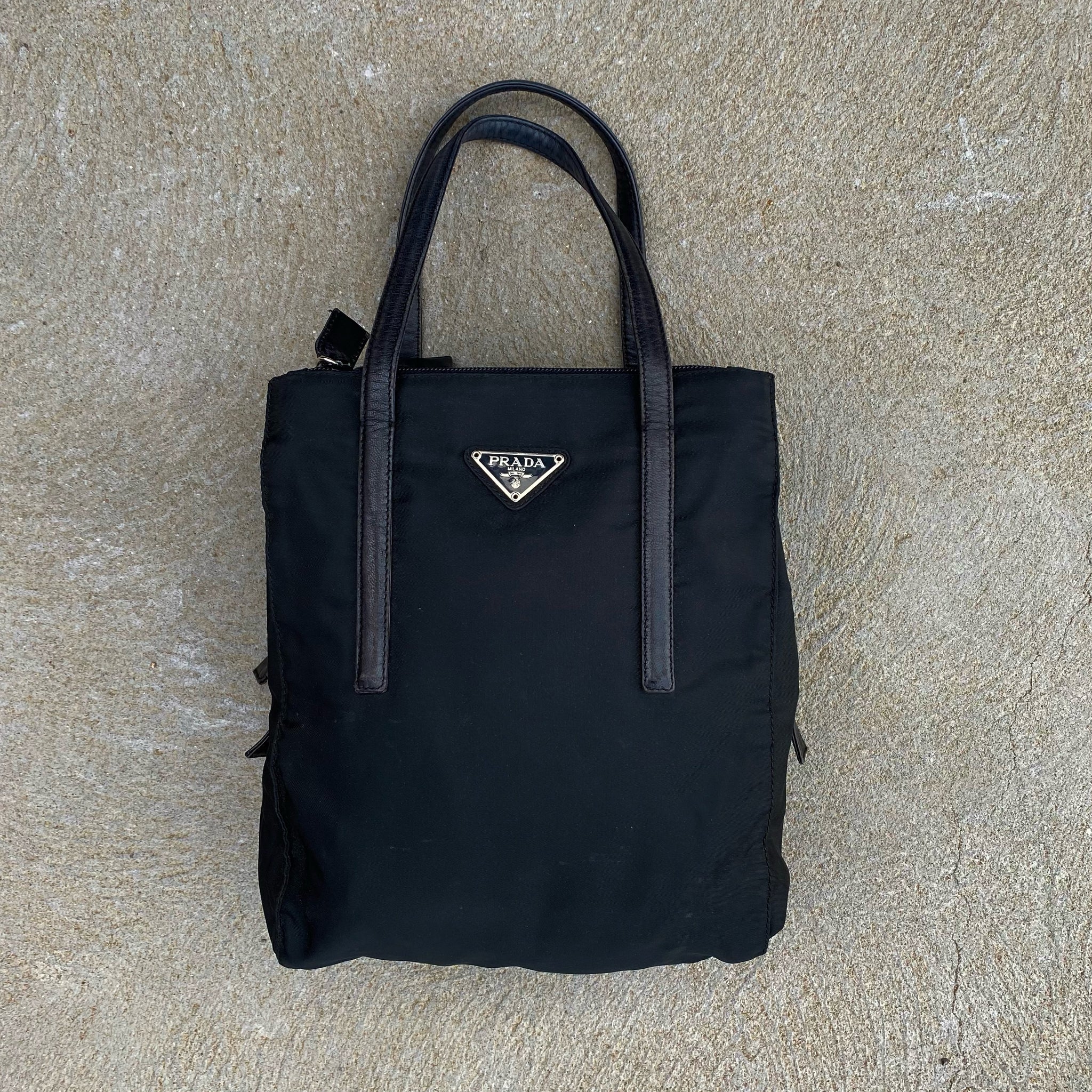Prada Vintage Nylon Black Multi Pocket Leather Handle Hand Bag