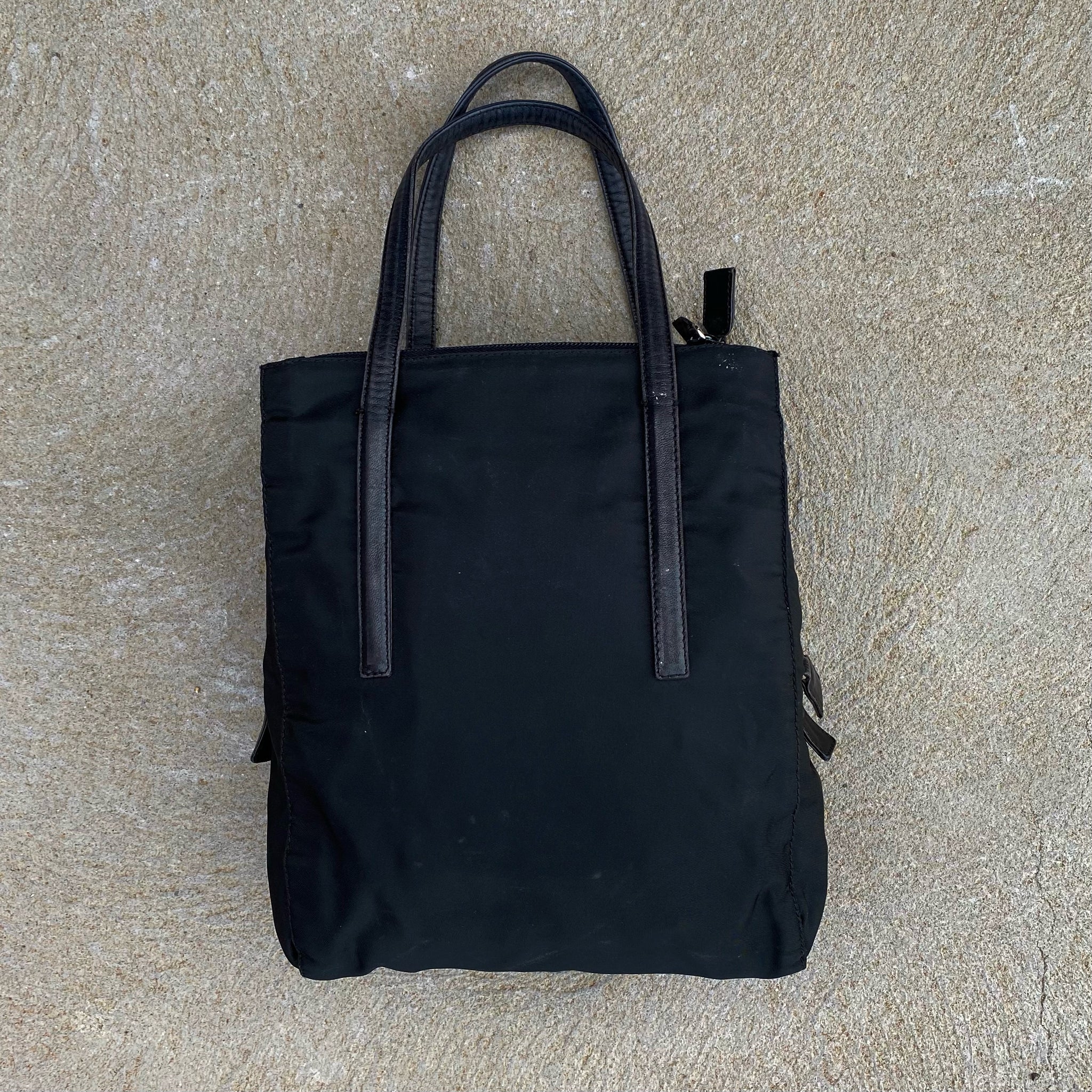 Prada Vintage Nylon Black Multi Pocket Leather Handle Hand Bag