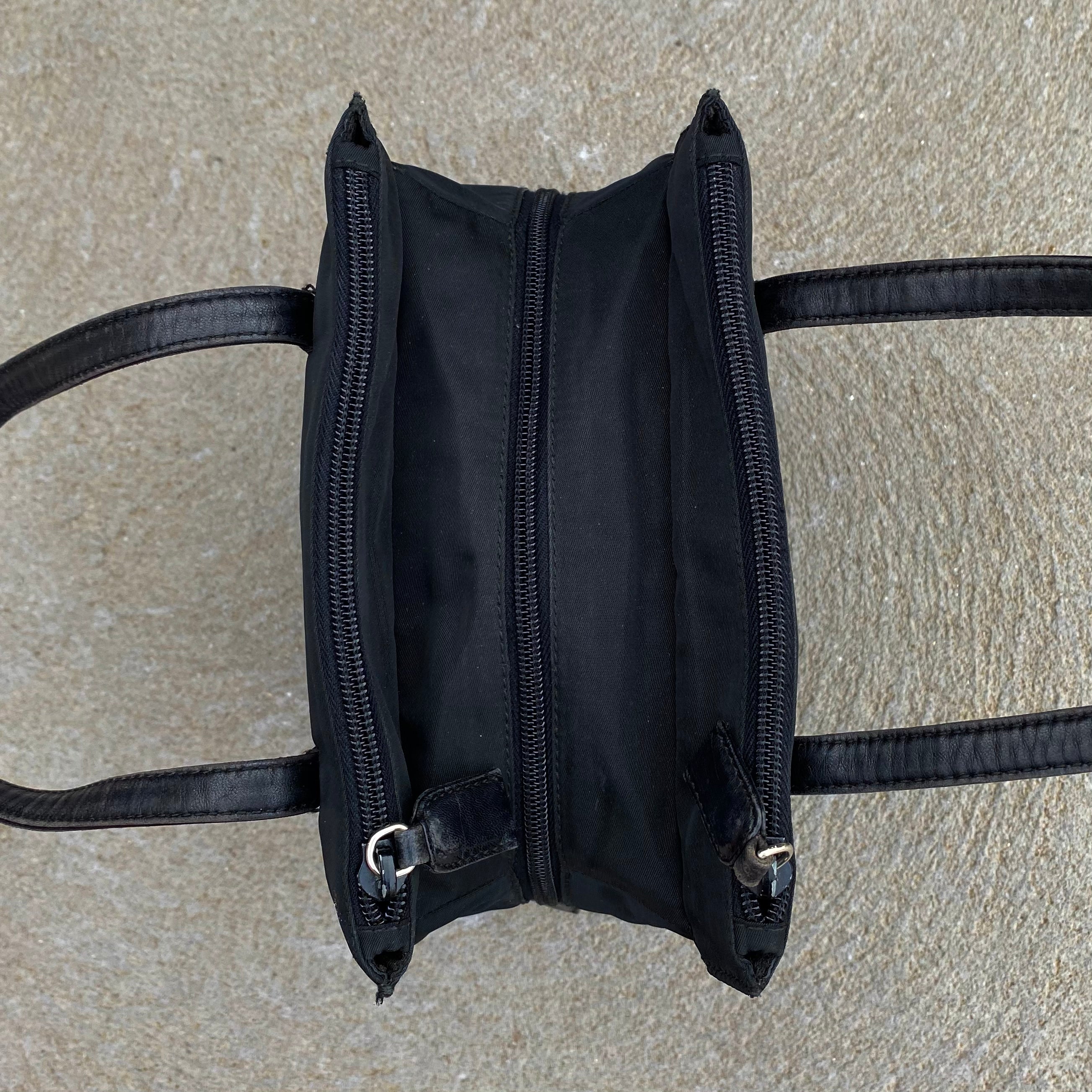 Prada Vintage Nylon Black Multi Pocket Leather Handle Hand Bag
