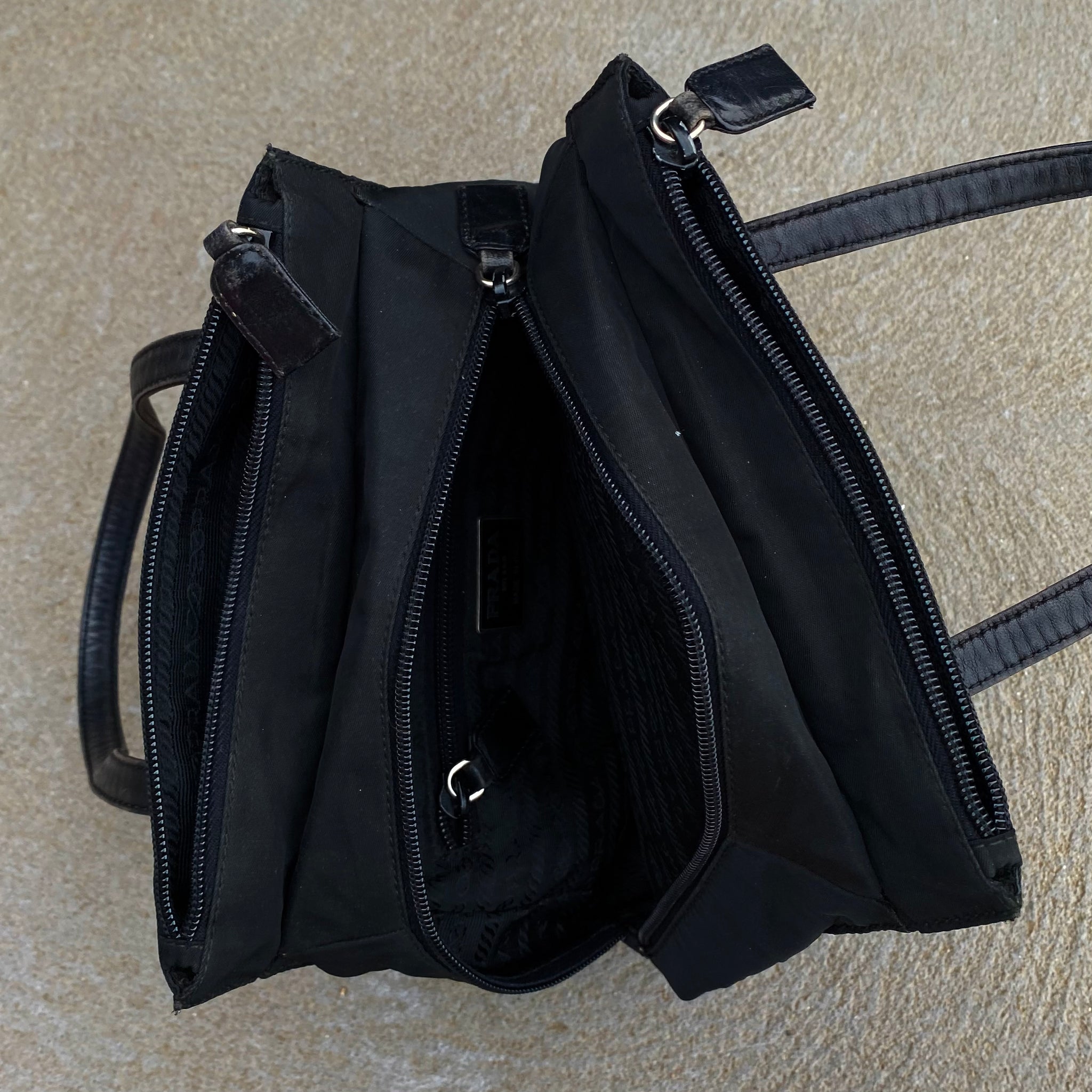 Prada Vintage Nylon Black Multi Pocket Leather Handle Hand Bag