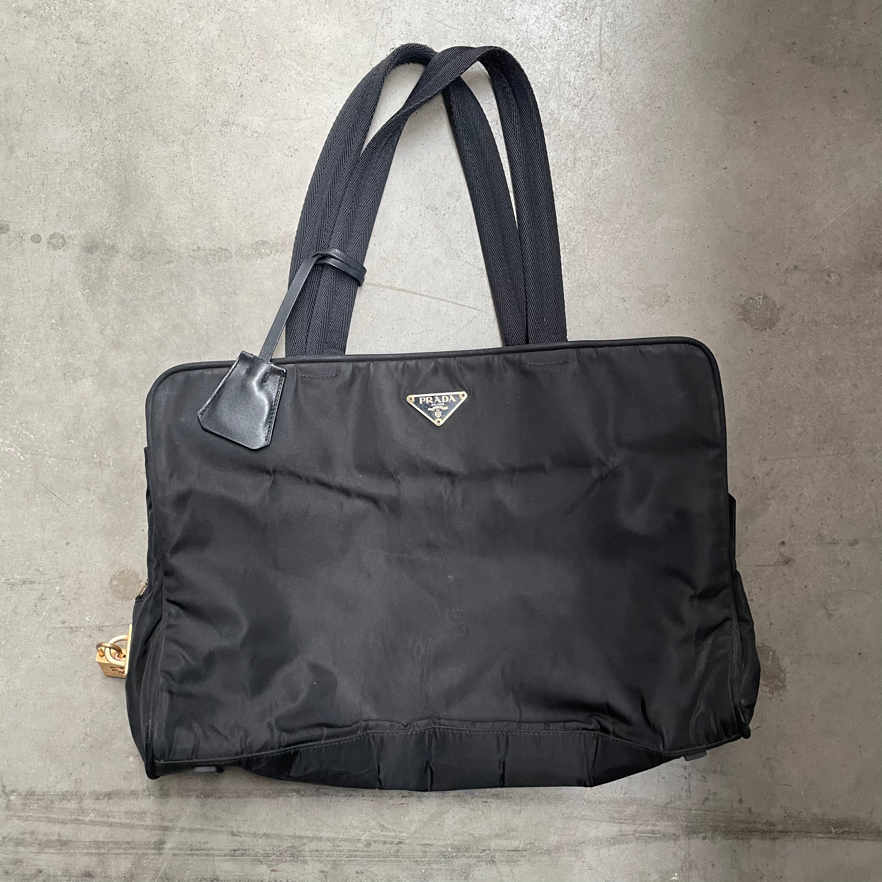 Prada Zip Around Tote Bag with Lock Nylon Black