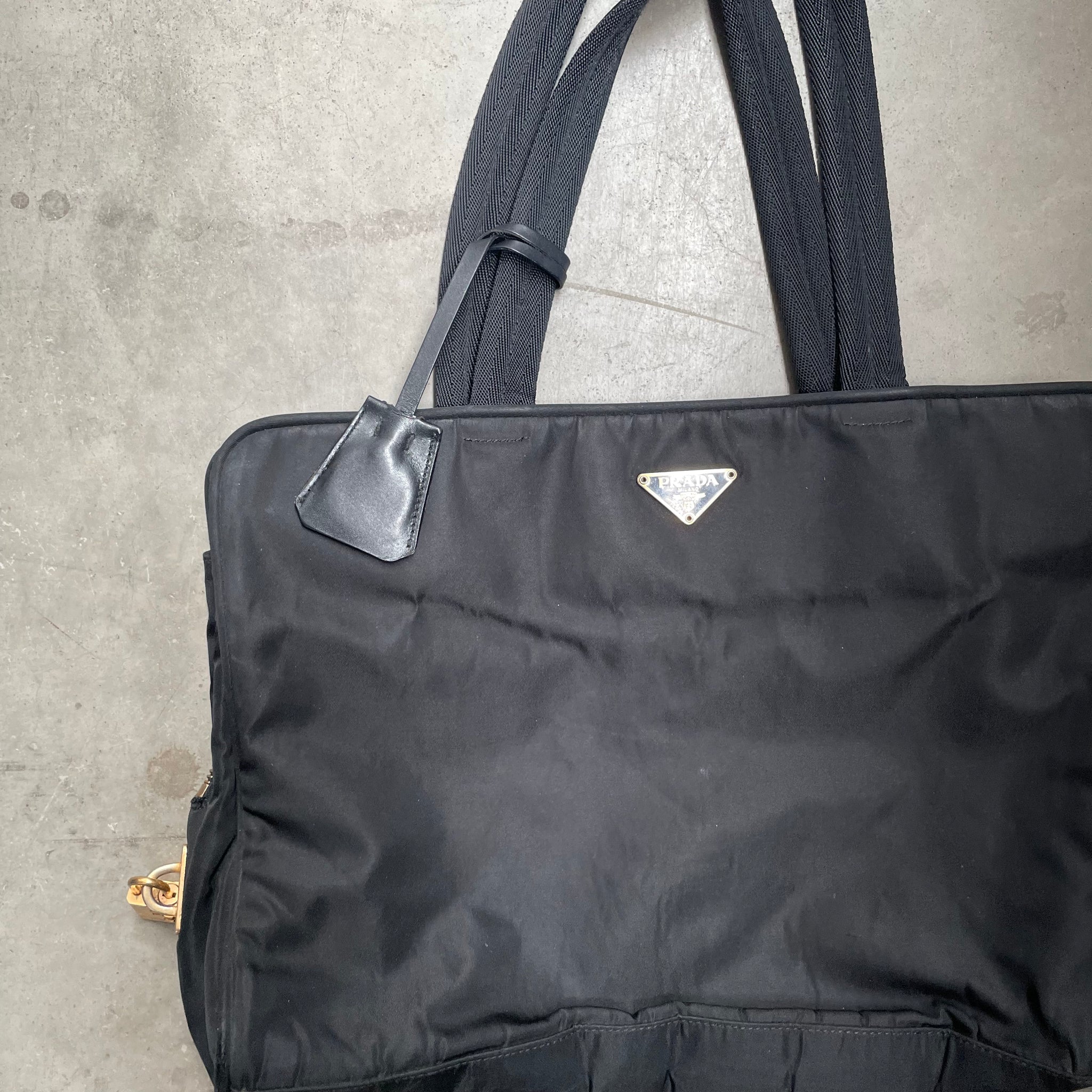 Prada Zip Around Tote Bag with Lock Nylon Black