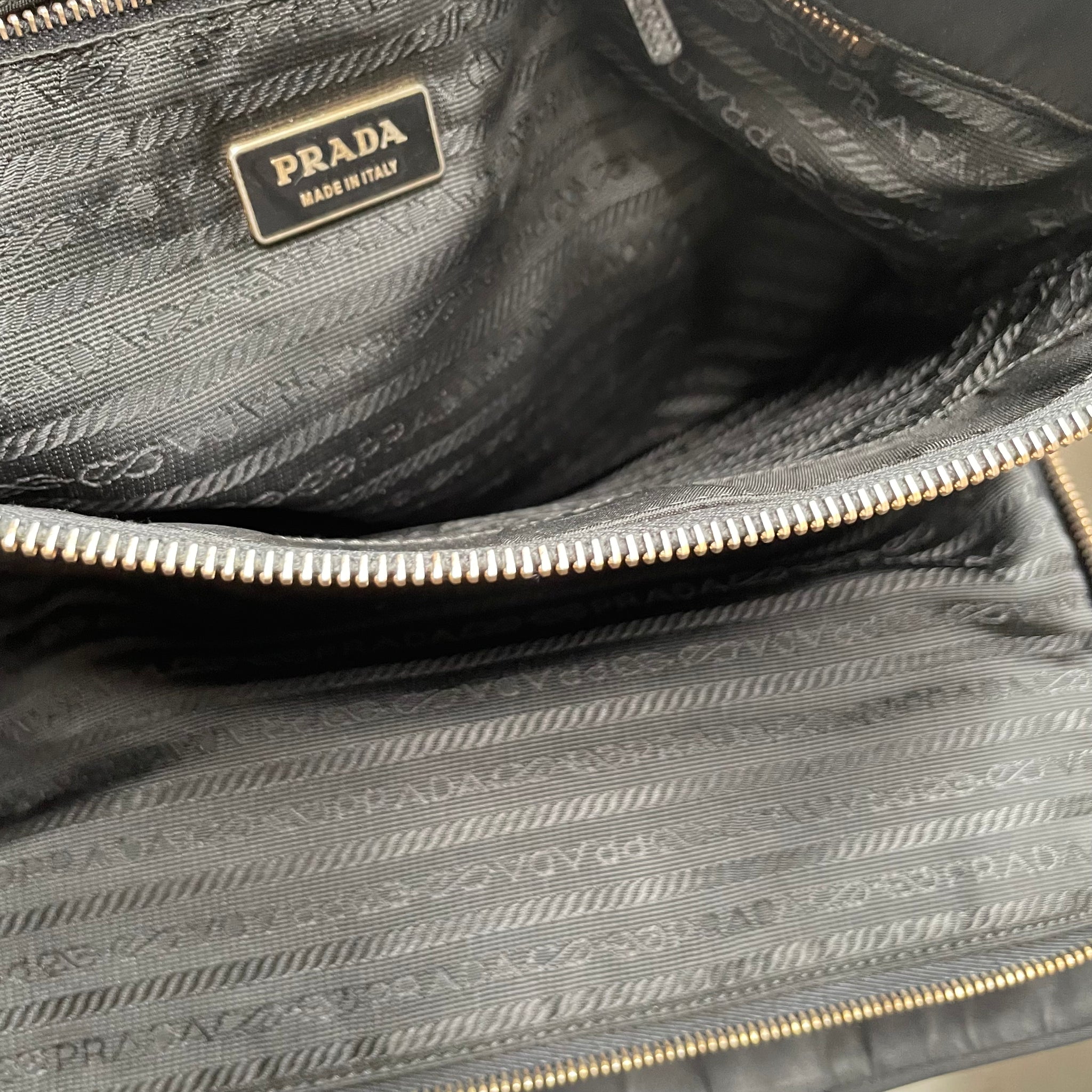 Prada Zip Around Tote Bag with Lock Nylon Black