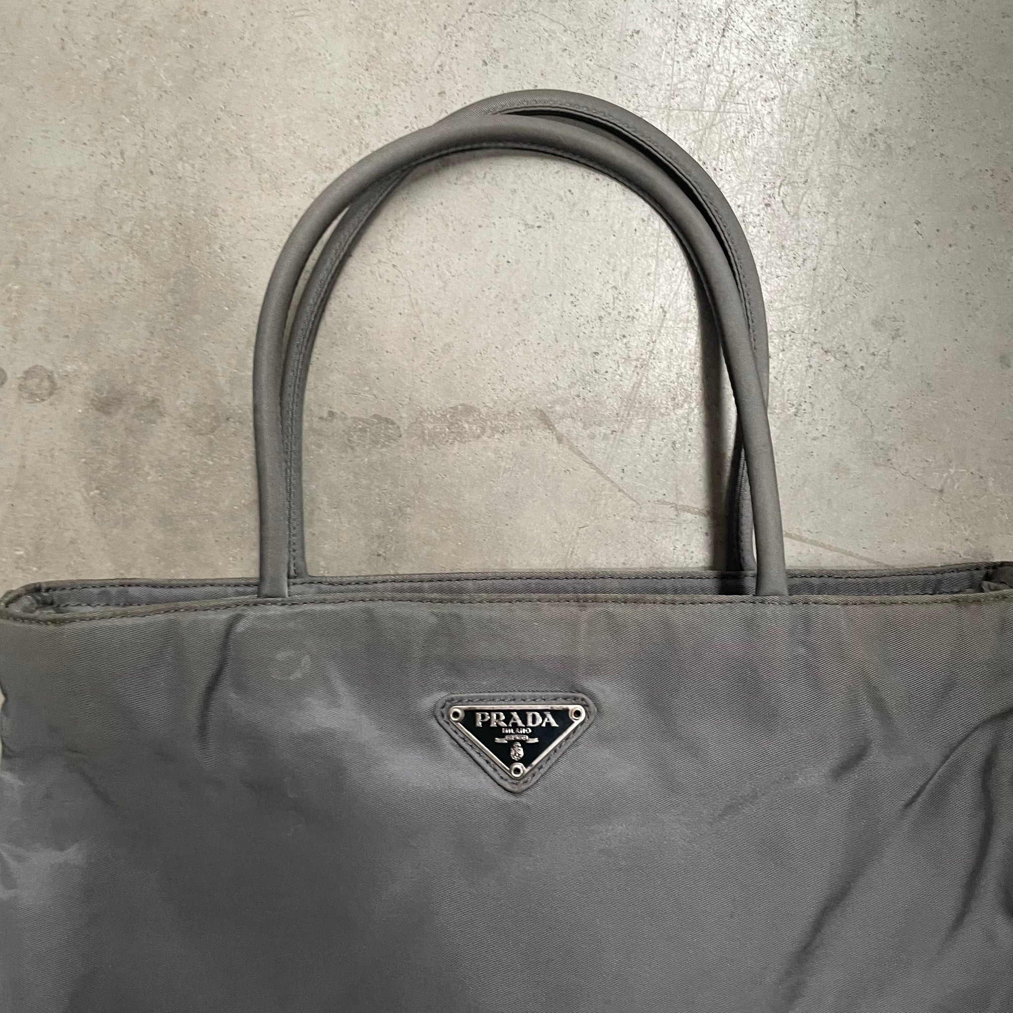 Prada Round Strap Tote Bag Nylon Grey