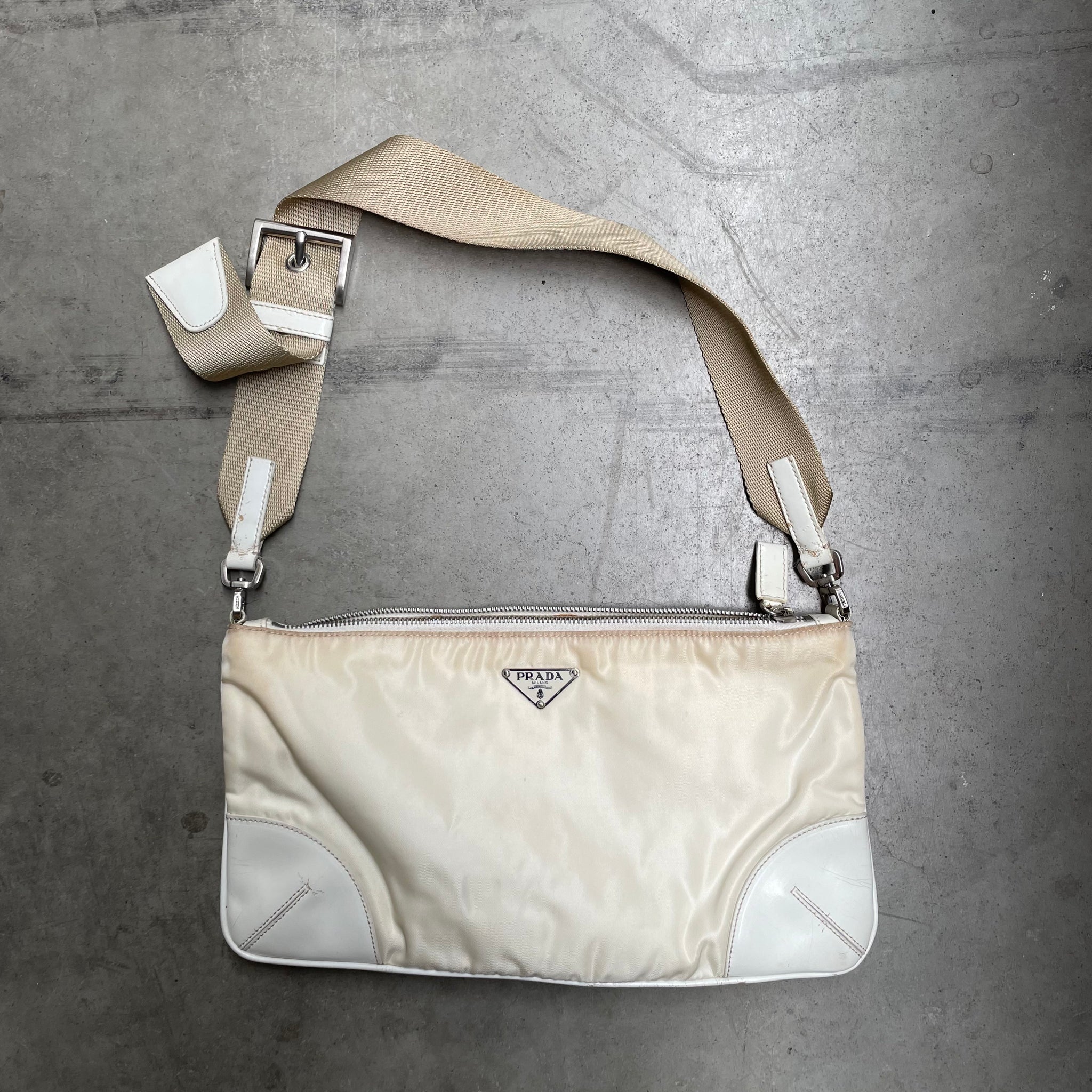 Prada Leather Corner Crossbody Bag Nylon White