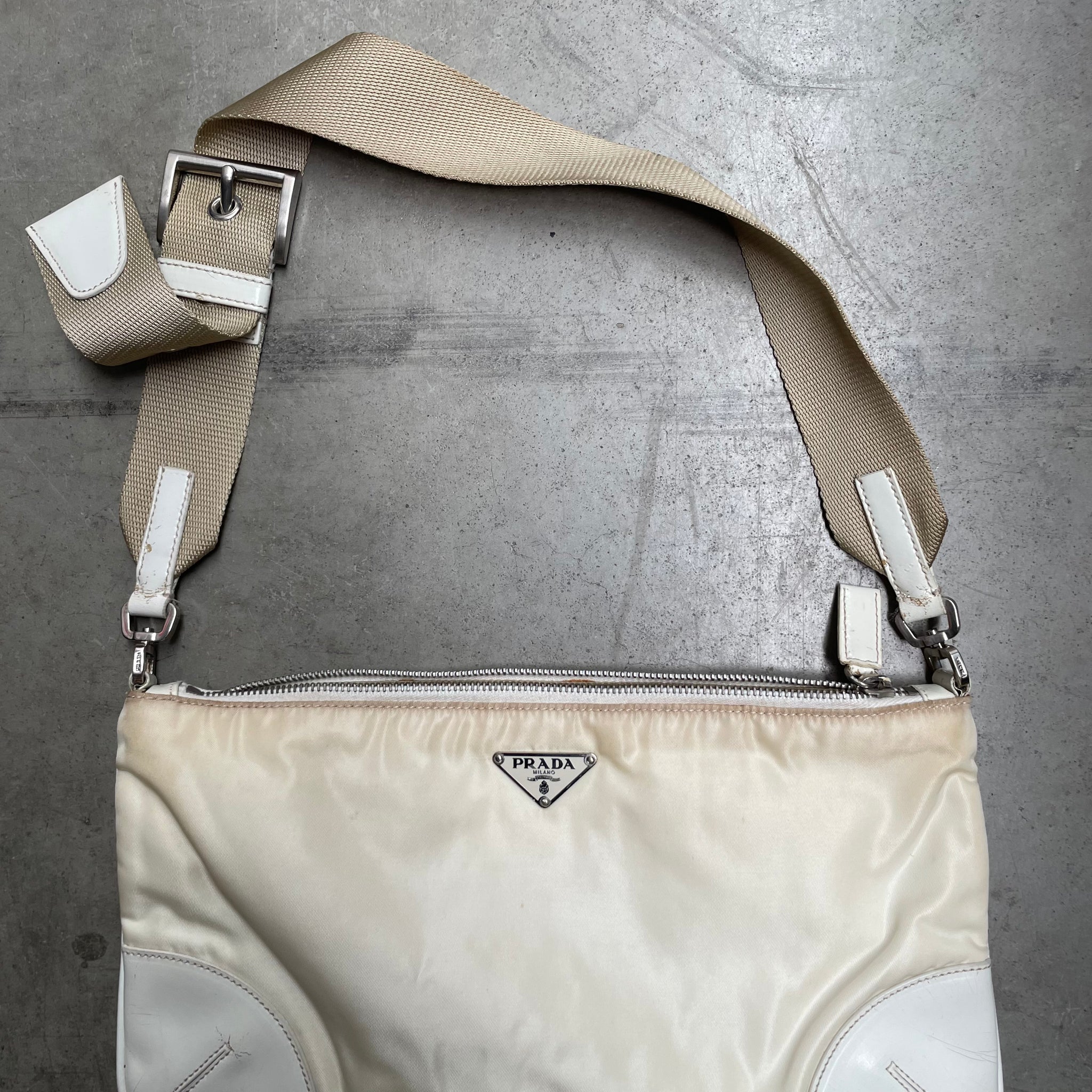 Prada Leather Corner Crossbody Bag Nylon White