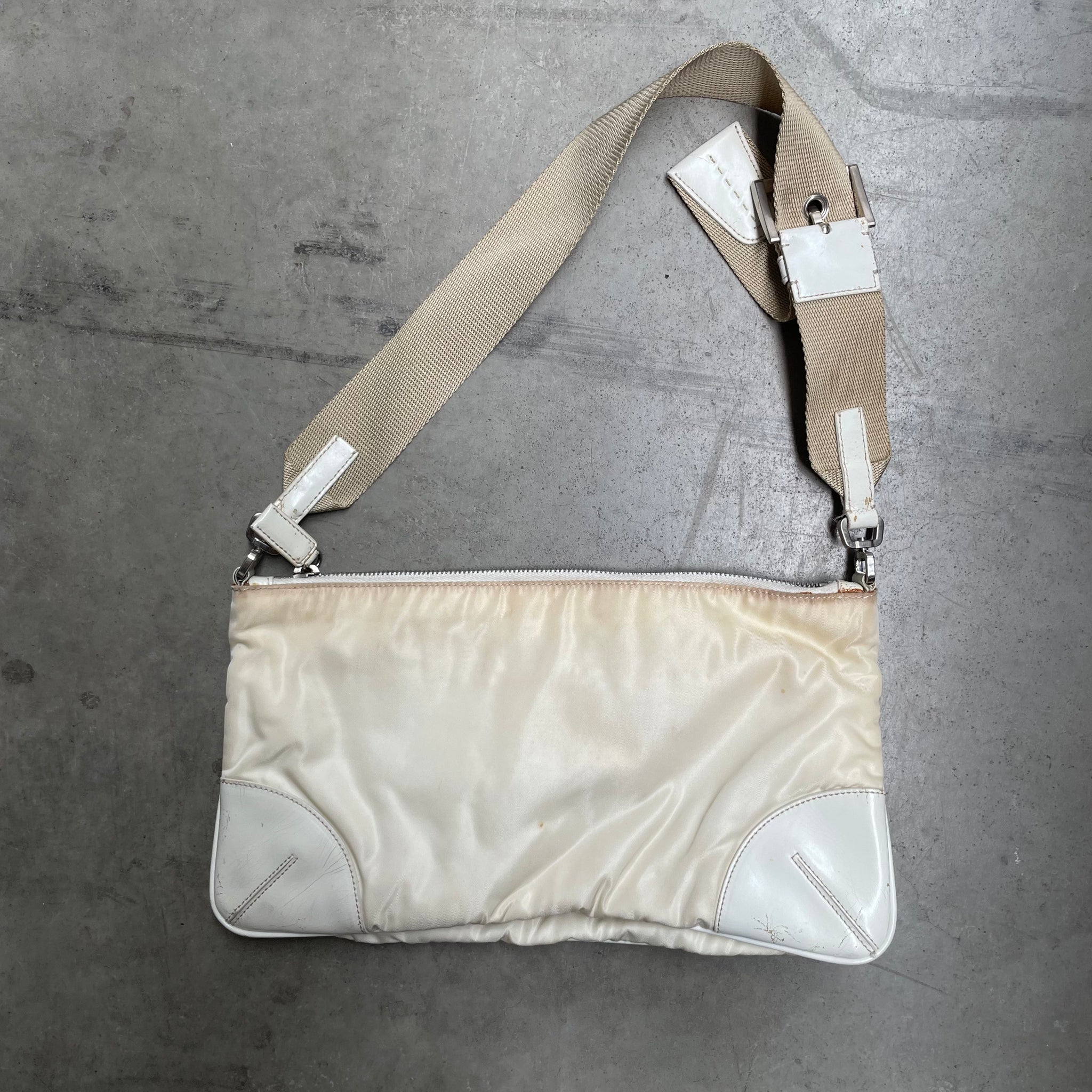 Prada Leather Corner Crossbody Bag Nylon White