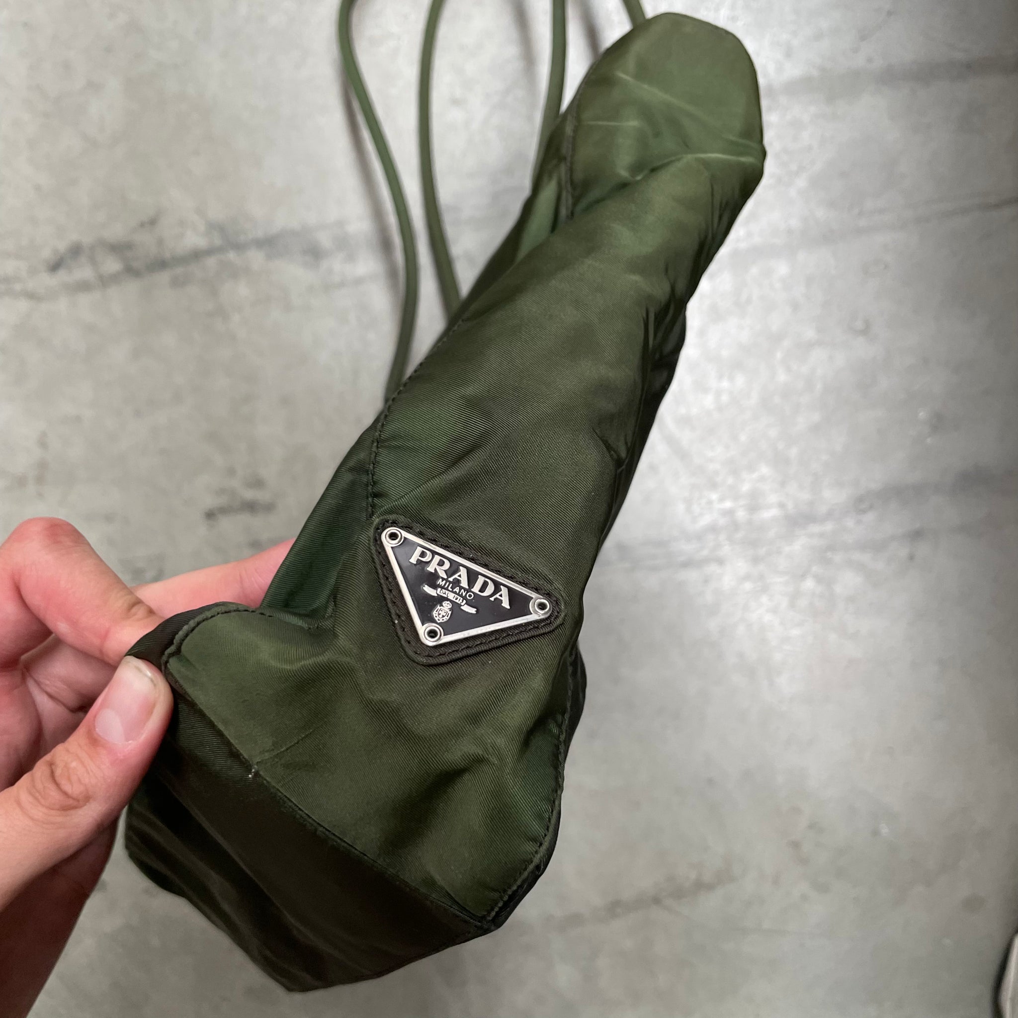 Prada Long Strap Side Logo Tote Bag Nylon Khaki