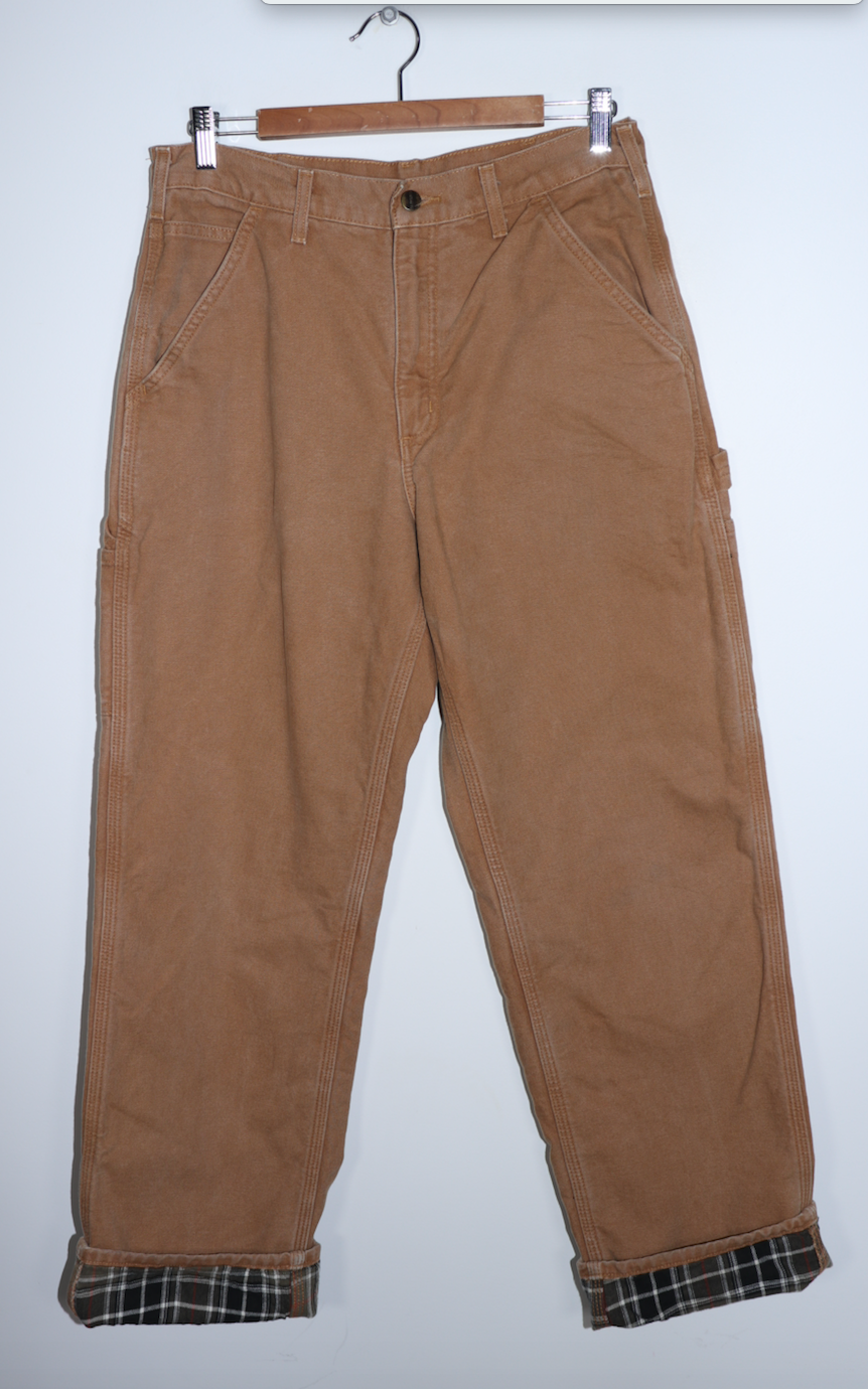 Vintage Carhartt Chocolate Light Brown Thick Plaid Lined Carpenter Pants 32 X 32